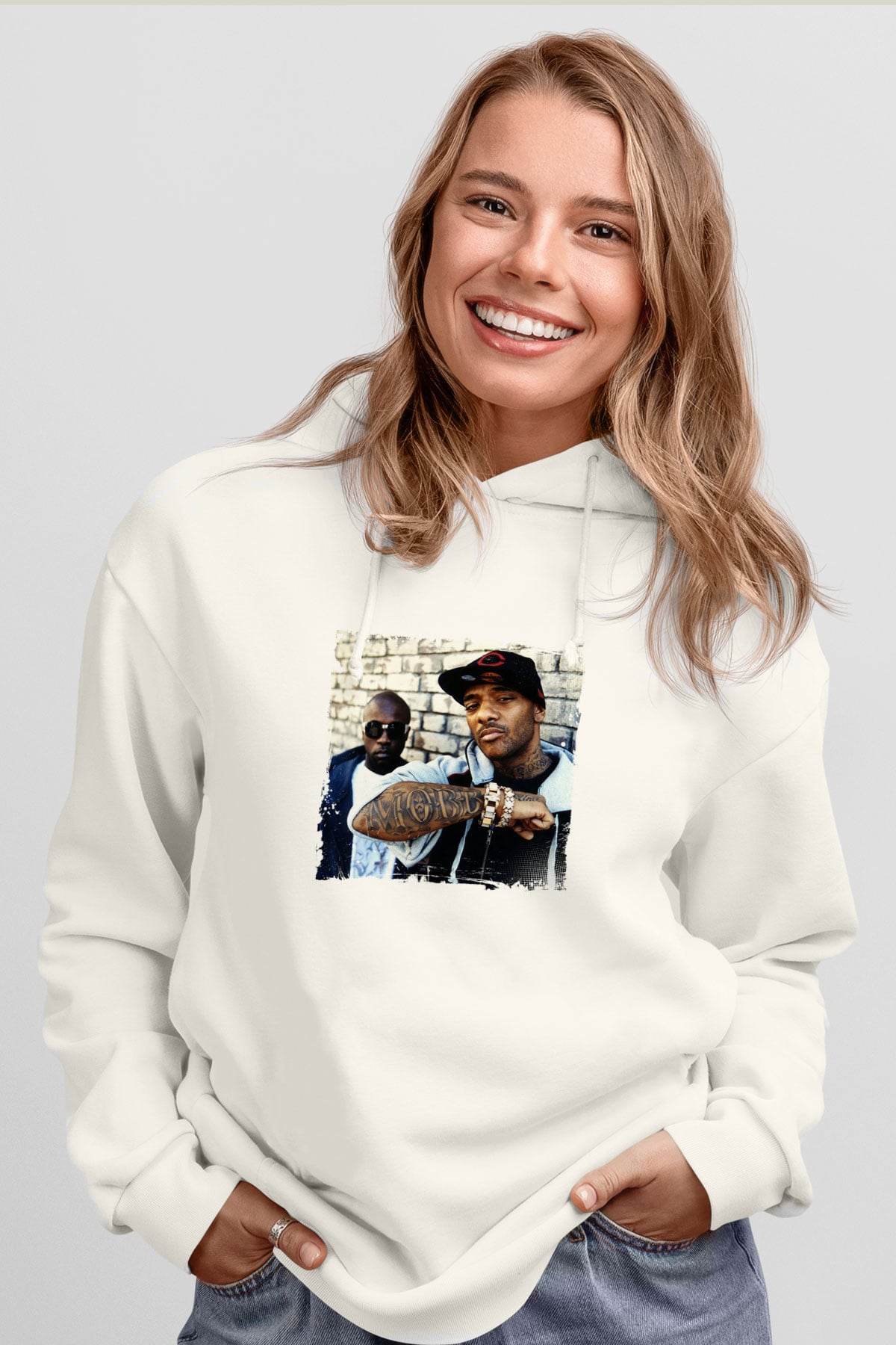 Mobb Deep Baskılı Unisex Beyaz Kapüşonlu Sweatshirt