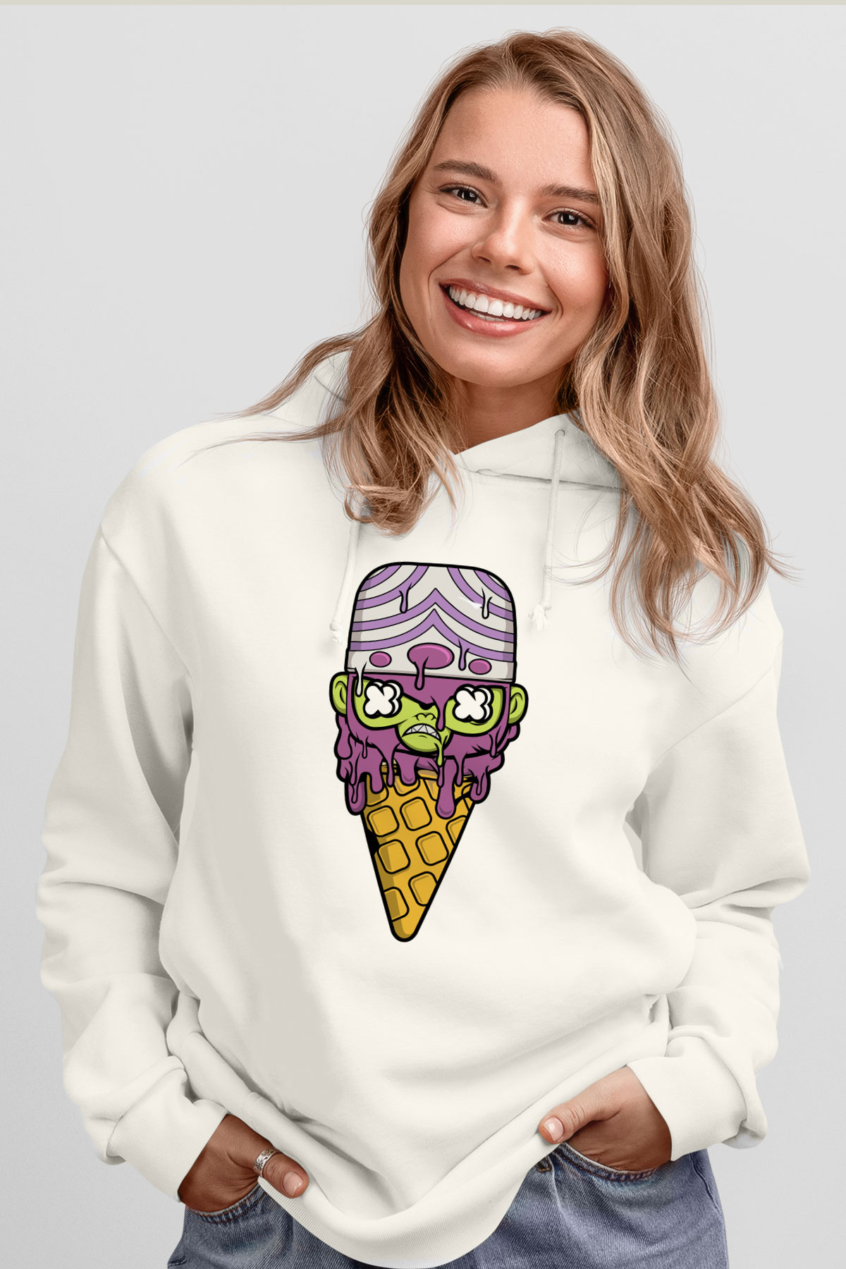 Mojo Jo Ice Cream Baskılı Beyaz Unisex Hoodie