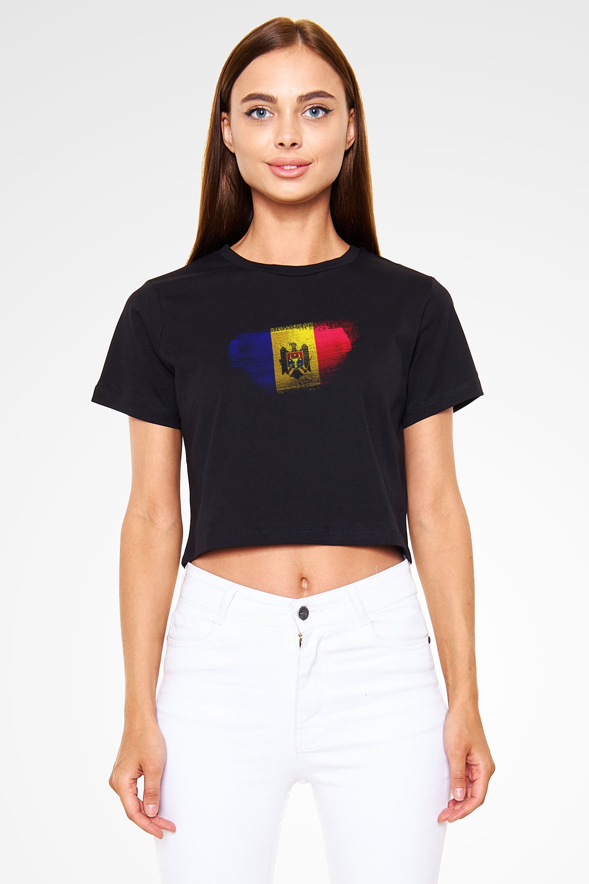 Moldova Bayrağı Baskılı Kadın Crop Top Siyah Tişört
