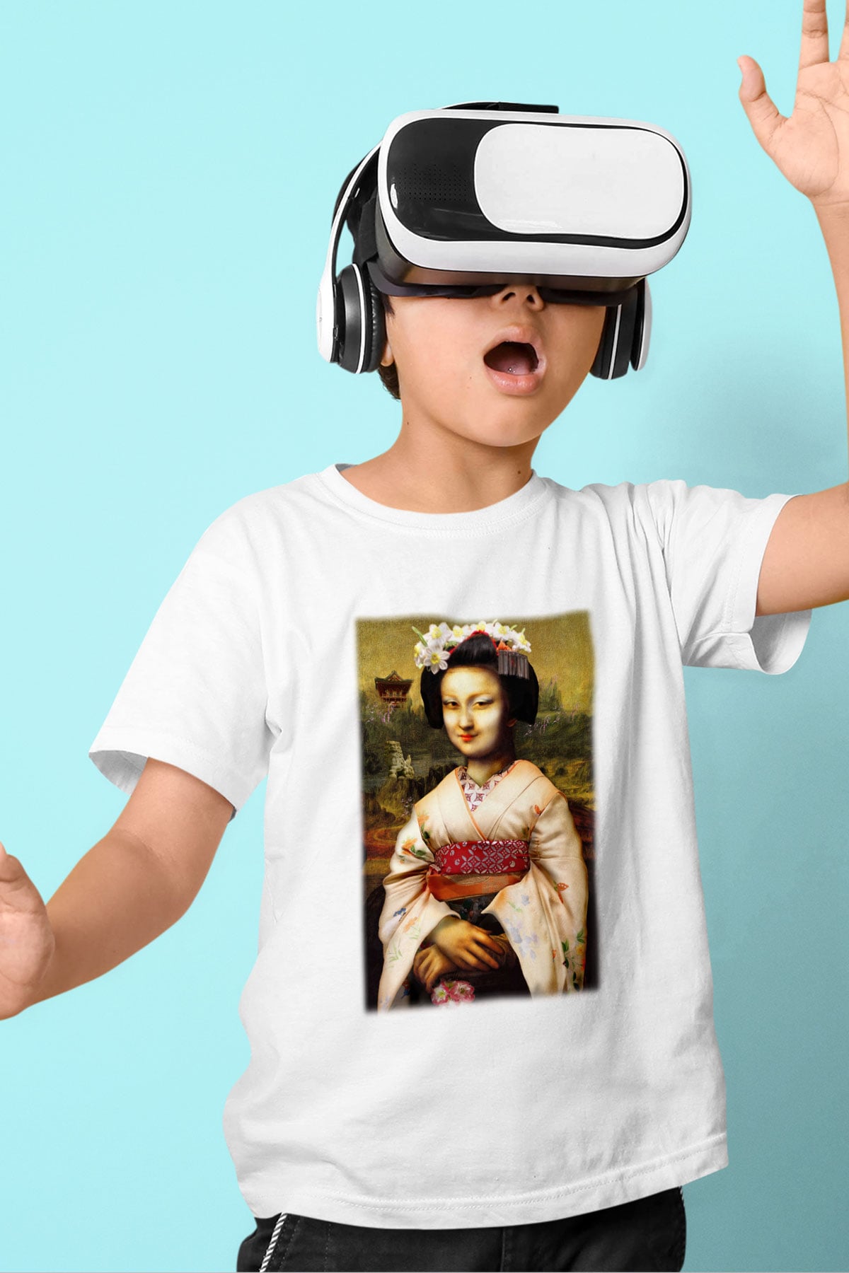 Mona Lisa Baskılı Beyaz Unisex Çocuk Tişört