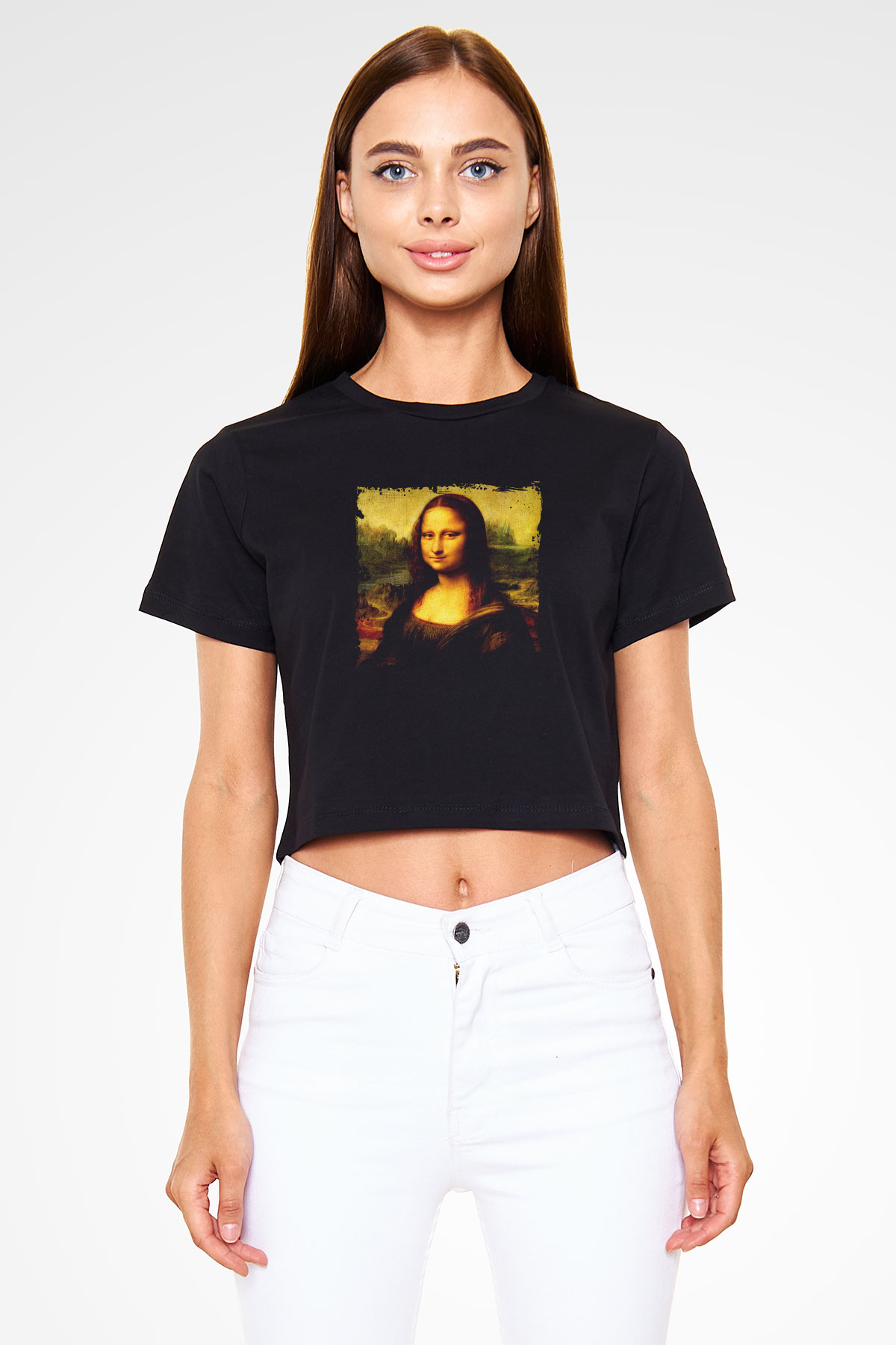 Mona Lisa Baskılı Siyah Kadın Crop Top Tişört