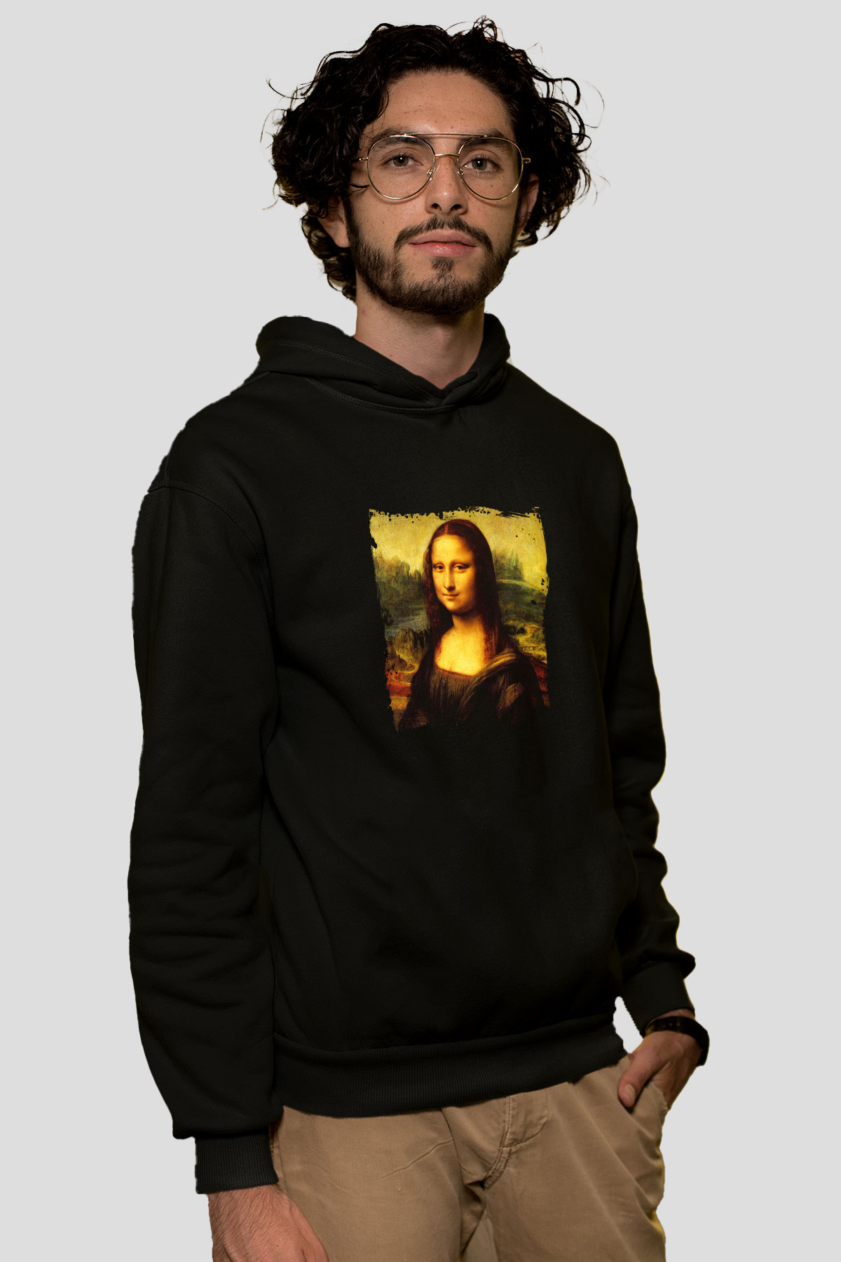 Mona Lisa Baskılı Unisex Siyah Hoodie