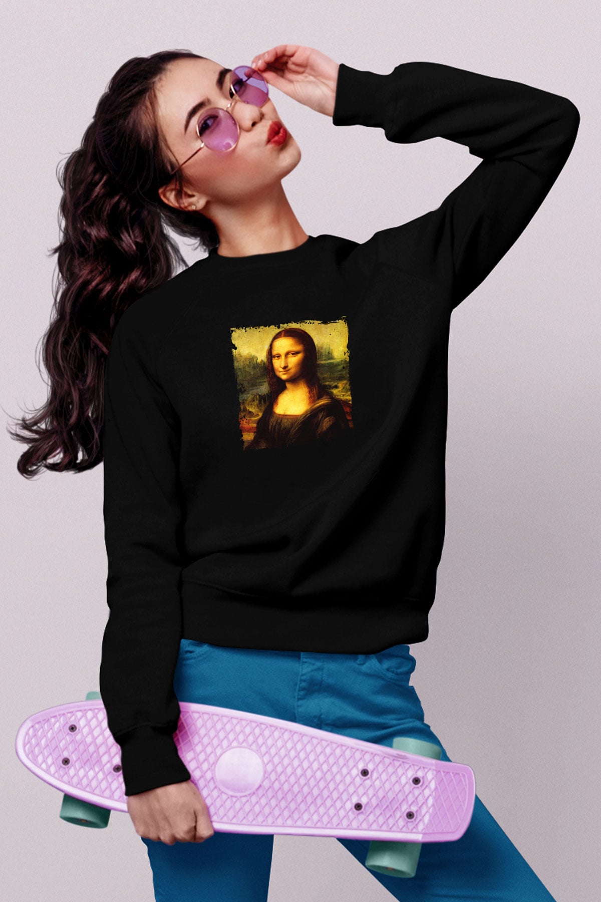 Mona Lisa Baskılı Unisex Siyah Sweatshirt