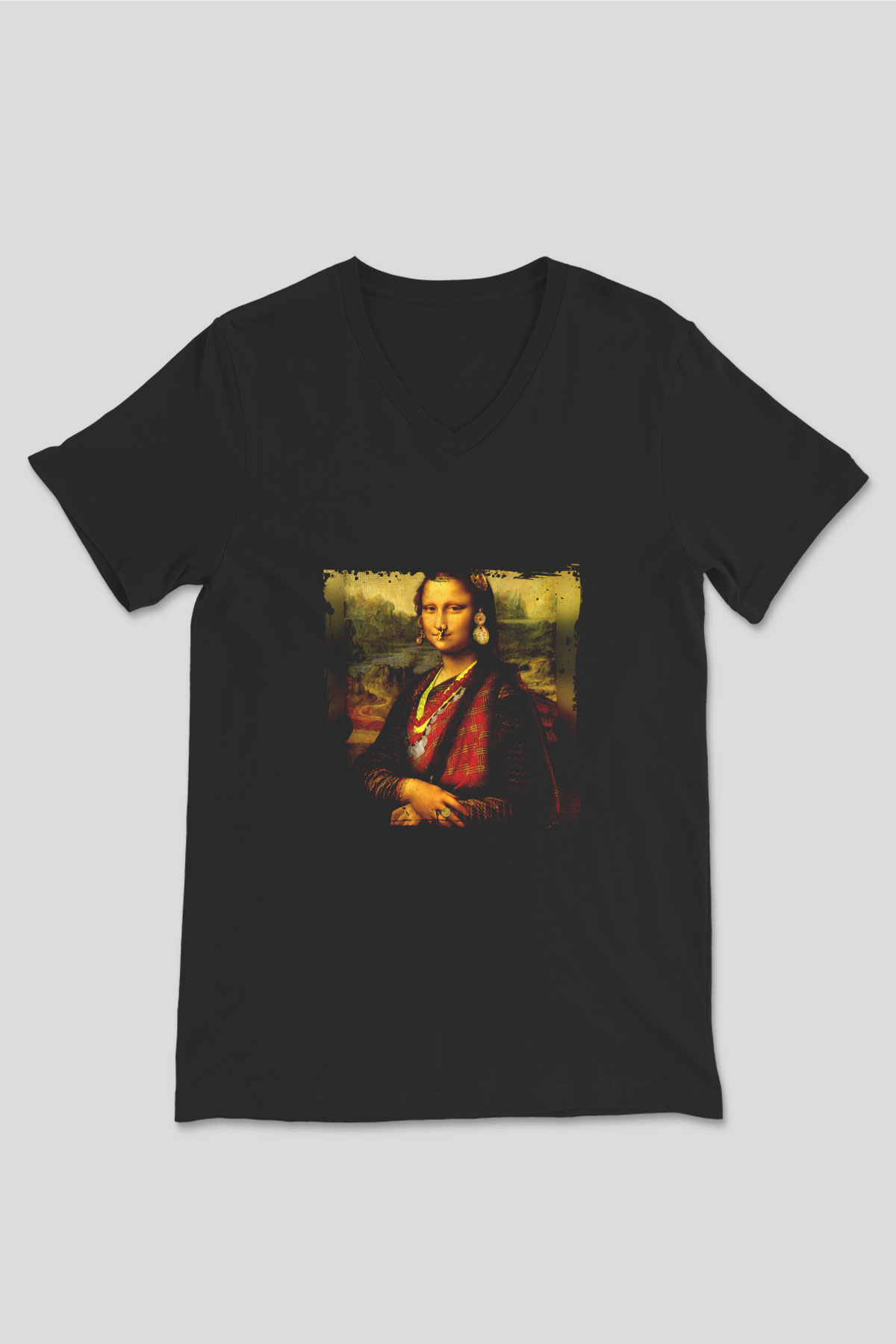 Mona Lisa Baskılı Unisex Siyah V Yaka Tişört