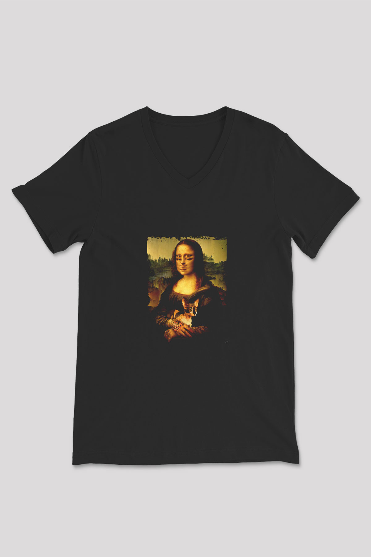 Mona Lisa Baskılı Unisex Siyah V Yaka Tişört
