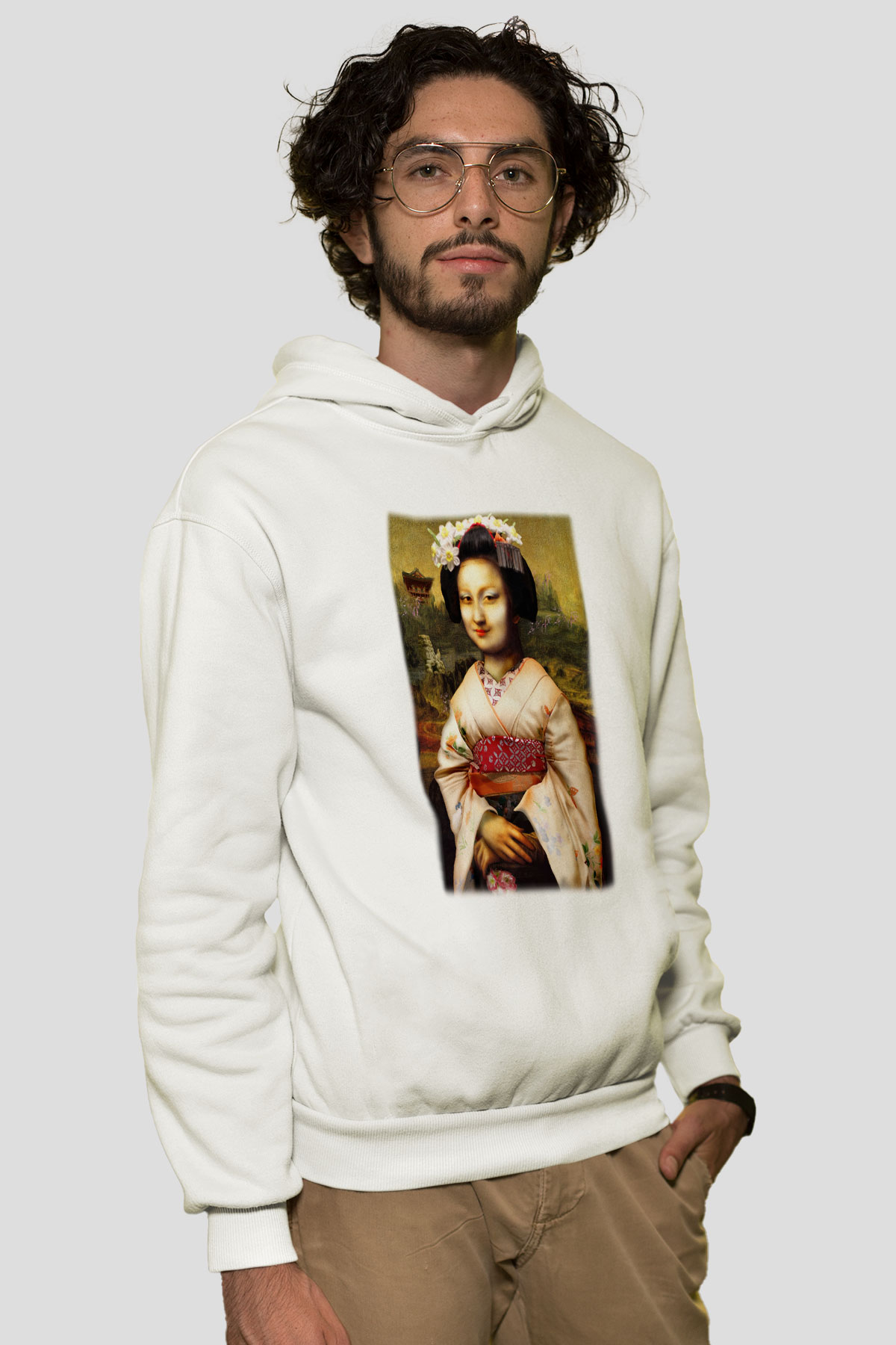Mona Lisa Beyaz Unisex Kapşonlu Sweatshirt