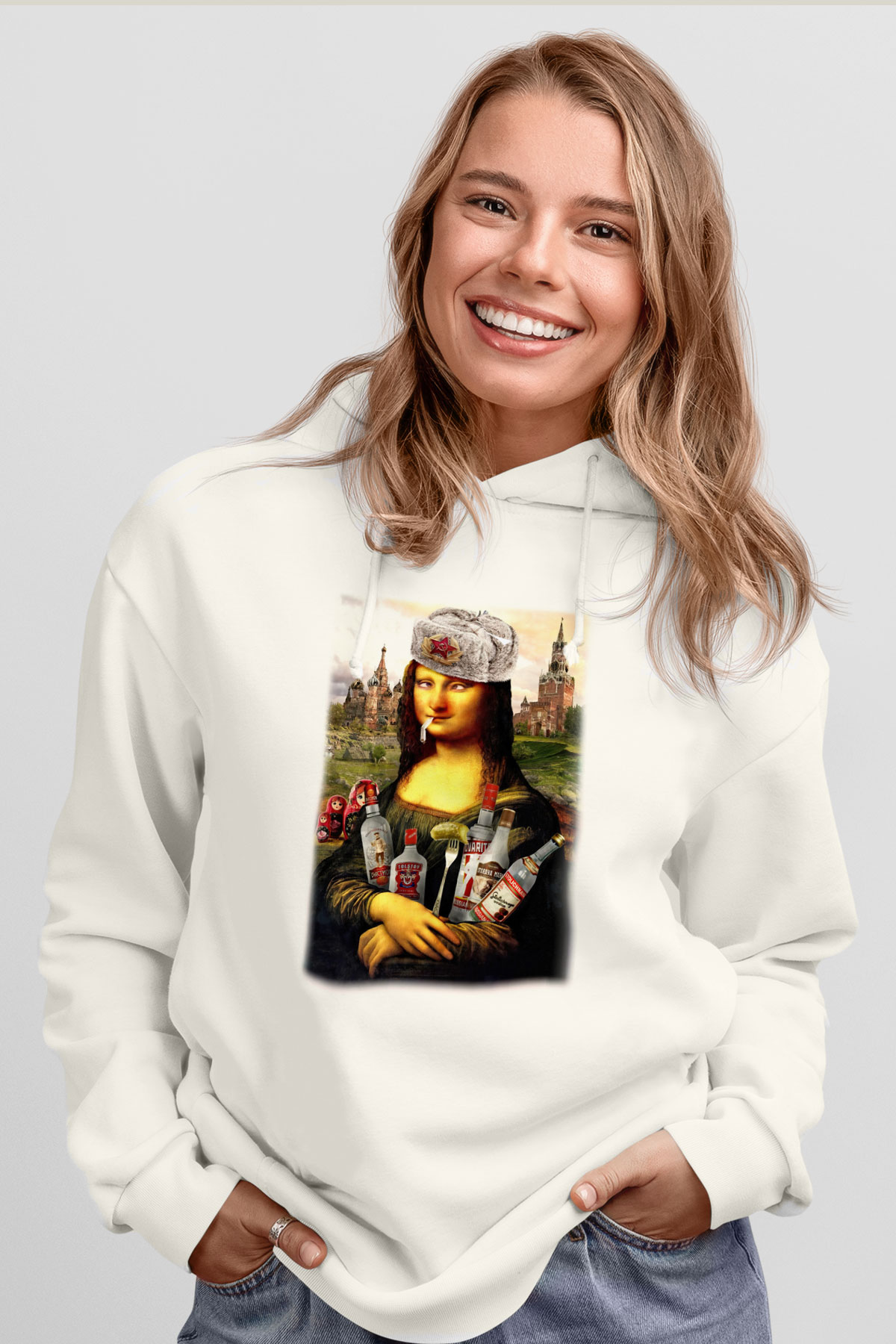Mona Lisa Beyaz Unisex Kapşonlu Sweatshirt