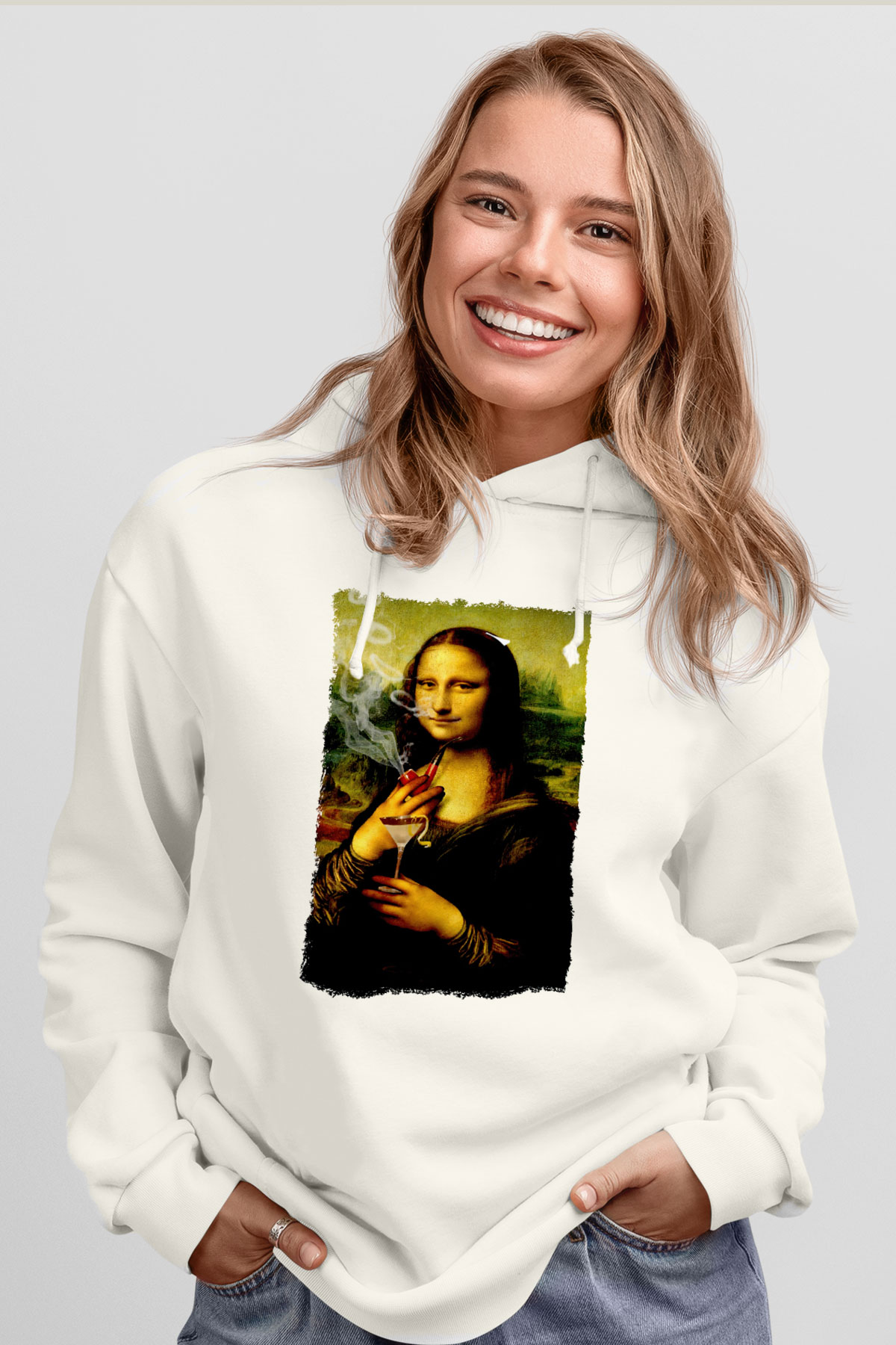 Mona Lisa Beyaz Unisex Kapüşonlu Sweatshirt