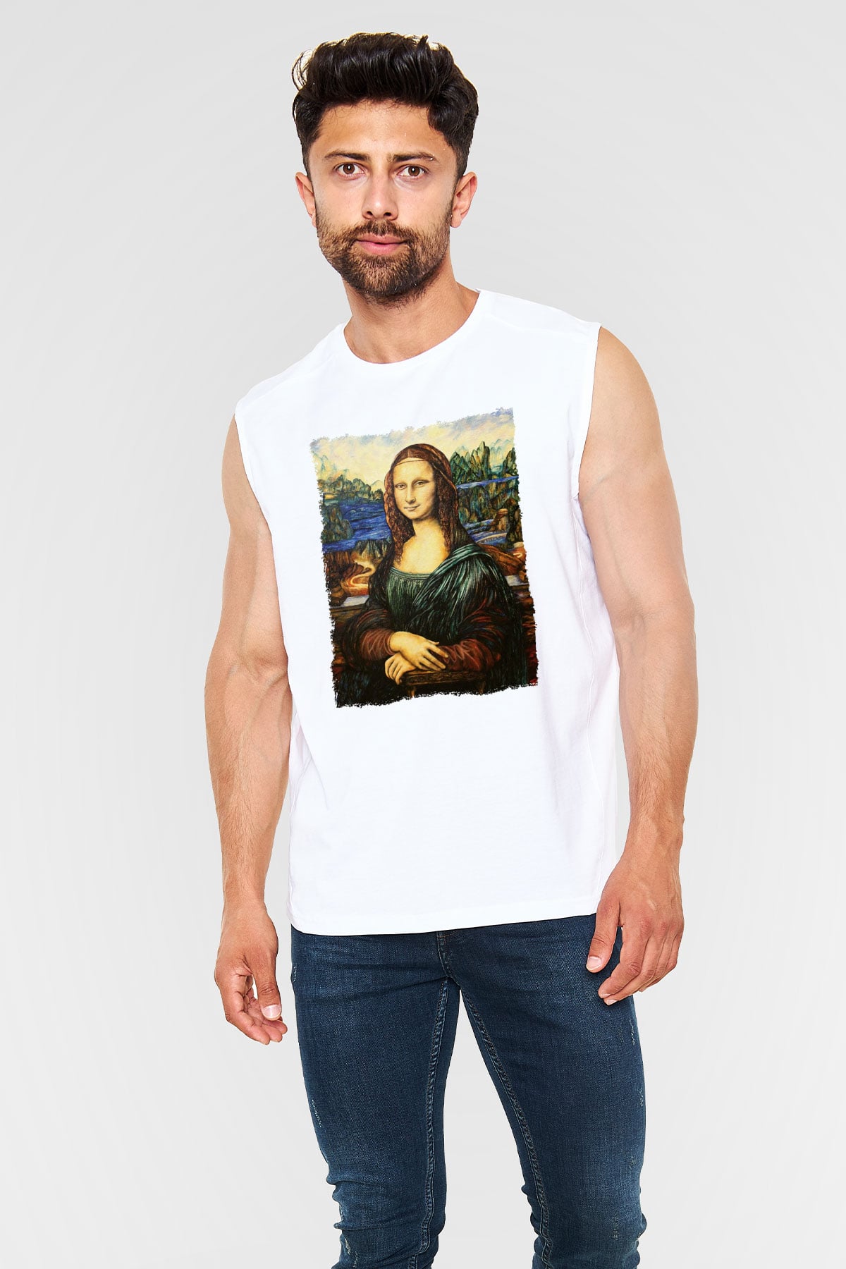 Mona Lisa Beyaz Unisex Kolsuz Tişört
