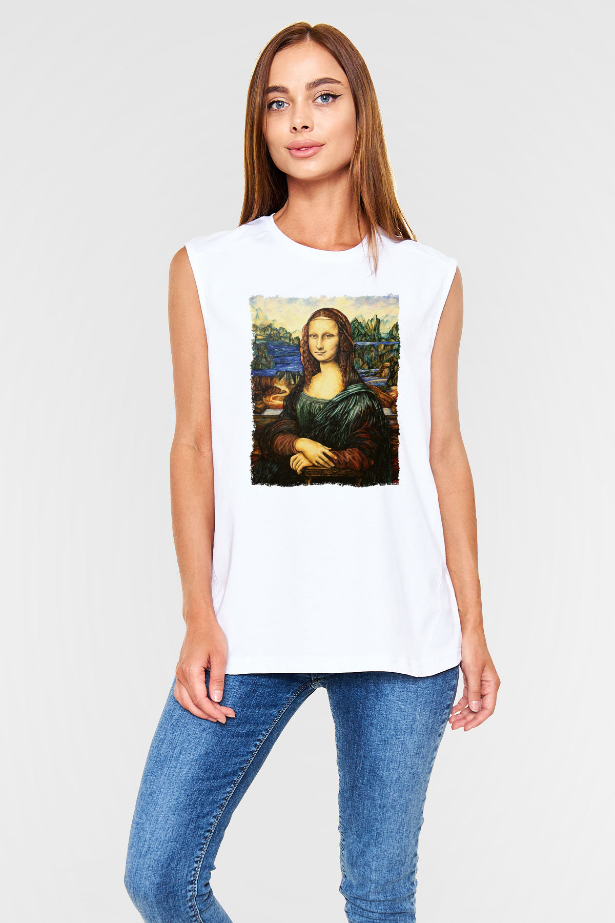 Mona Lisa Beyaz Unisex Kolsuz Tişört