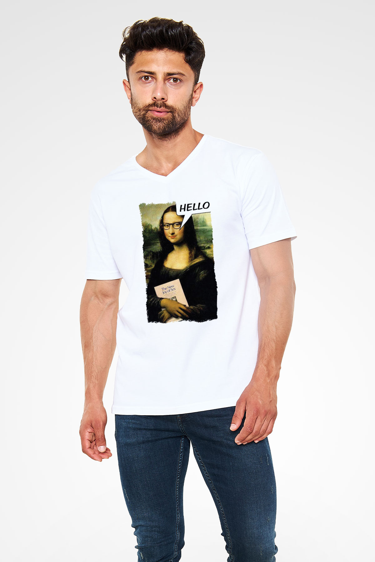 Mona Lisa Beyaz Unisex V Yaka Tişört
