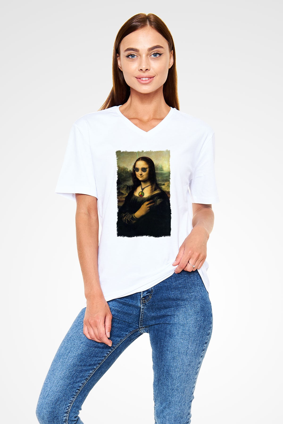 Mona Lisa Beyaz Unisex V Yaka Tişört