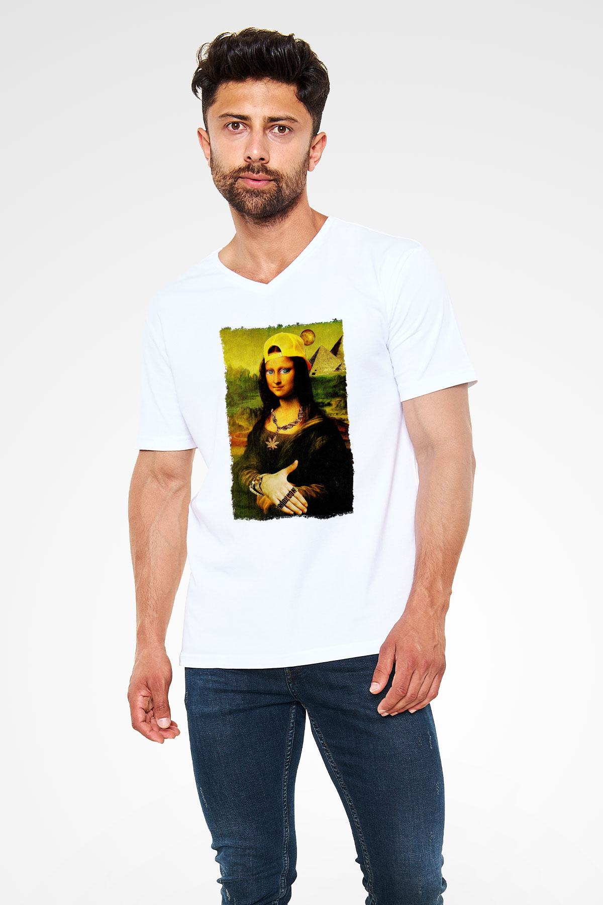 Mona Lisa Beyaz Unisex V Yaka Tişört