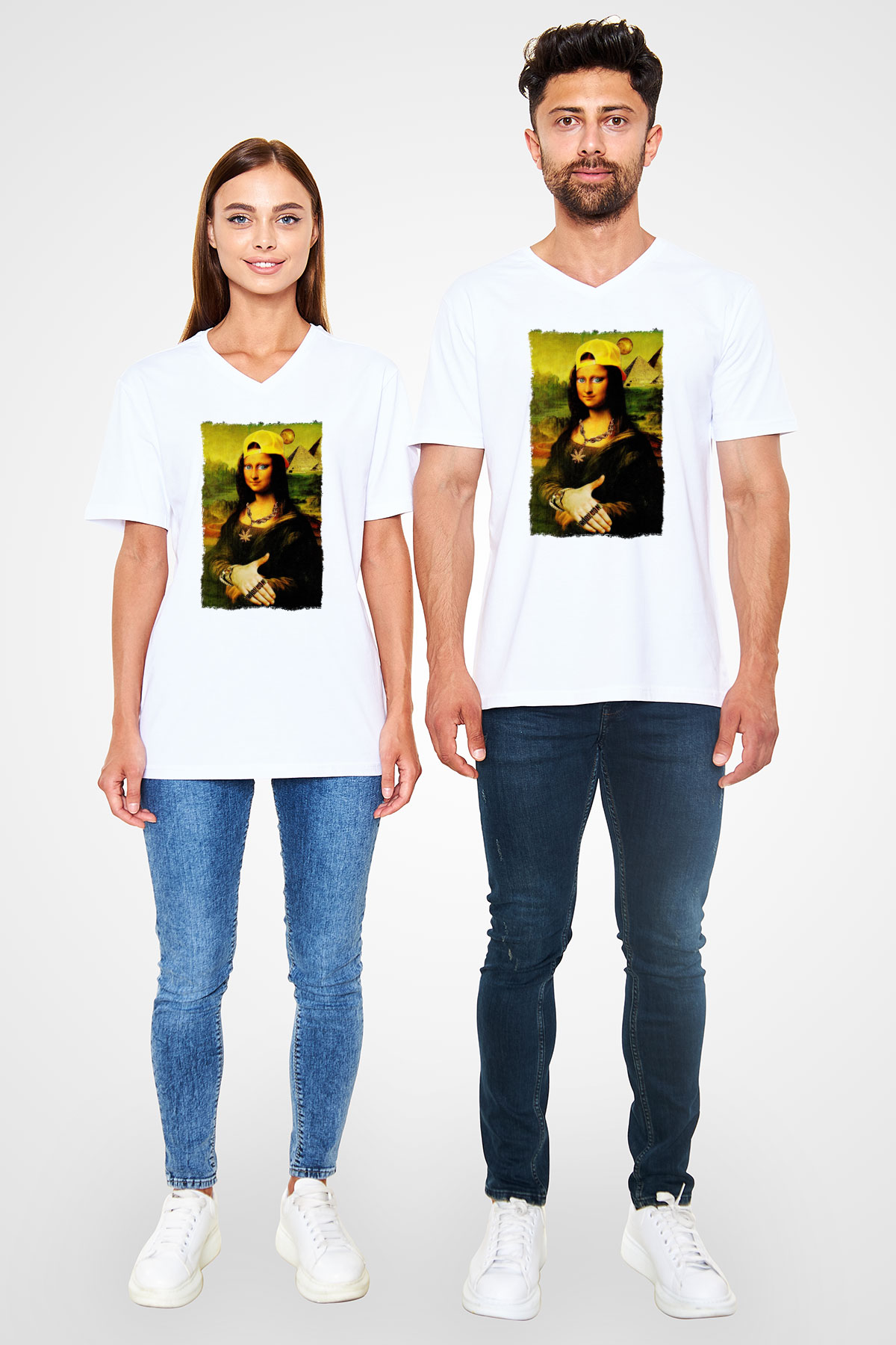 Mona Lisa Beyaz Unisex V Yaka Tişört
