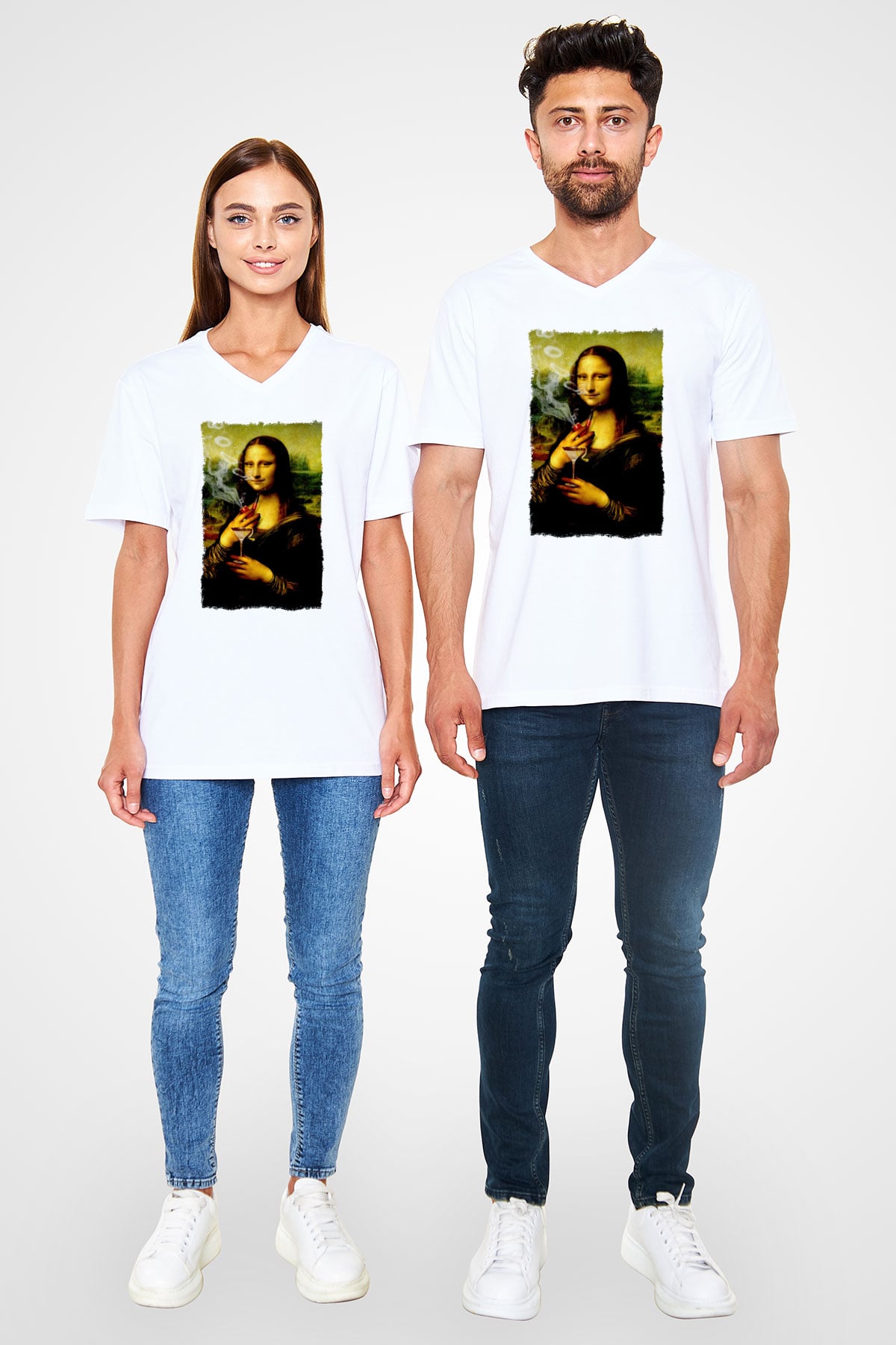 Mona Lisa Beyaz Unisex V Yaka Tişört