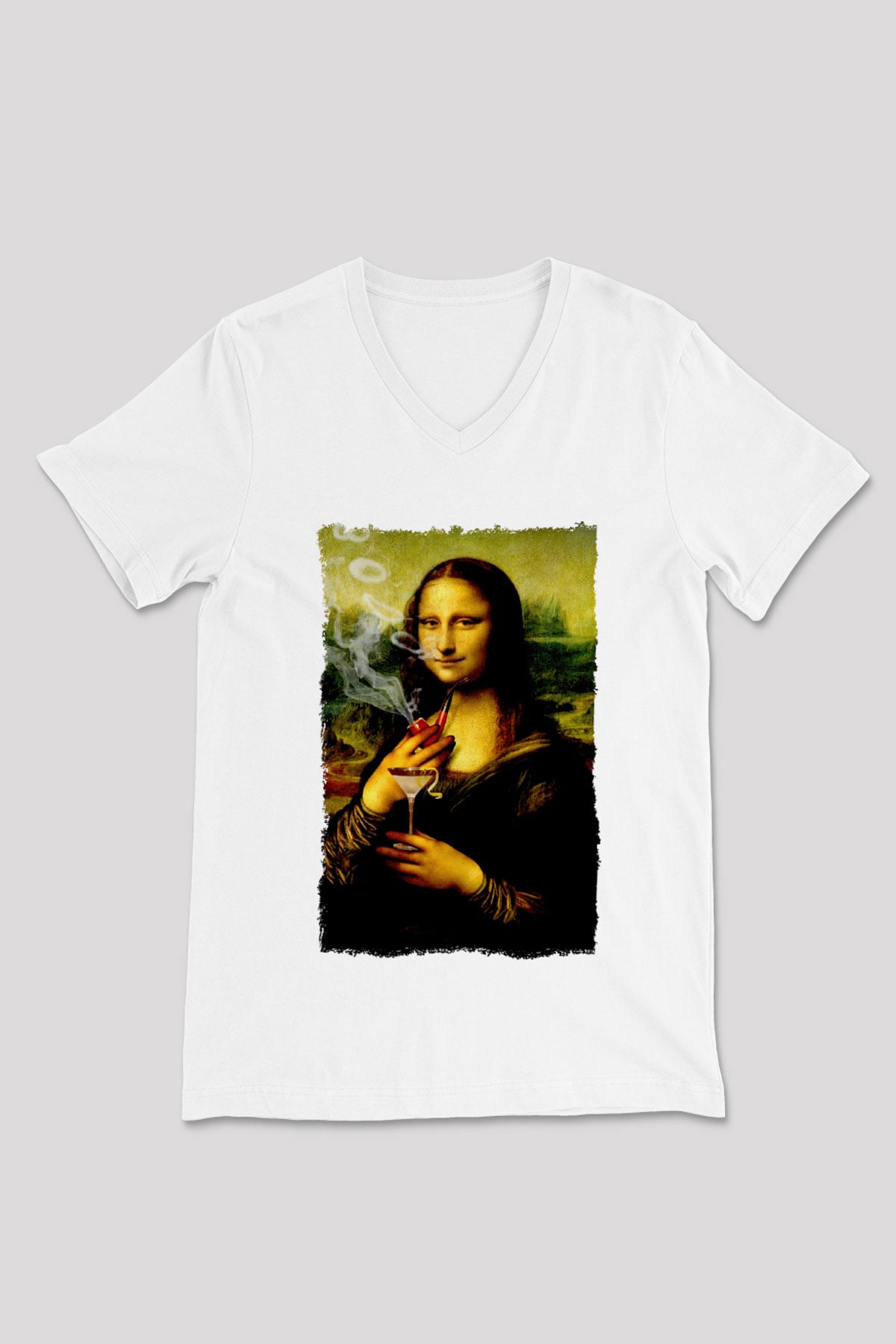 Mona Lisa Beyaz Unisex V Yaka Tişört