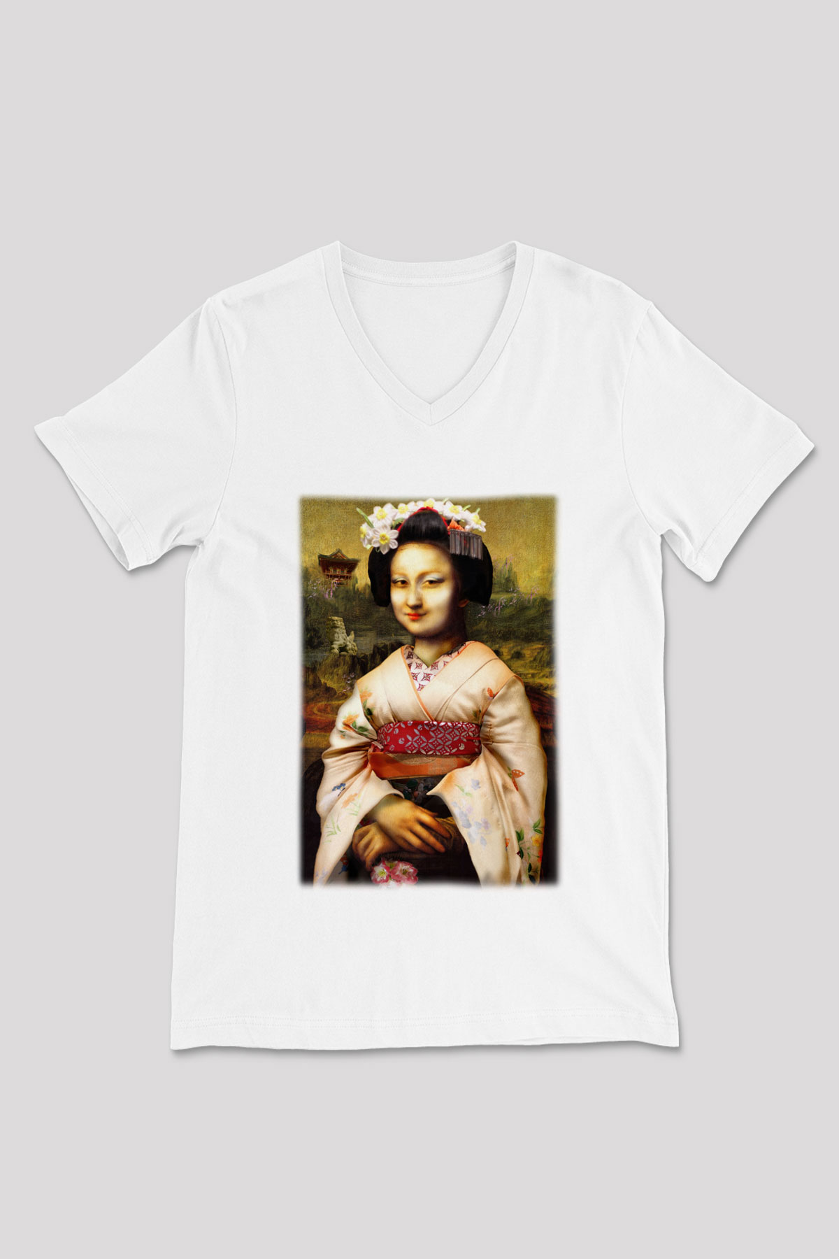 Mona Lisa Beyaz Unisex V Yaka Tişört T-Shirt