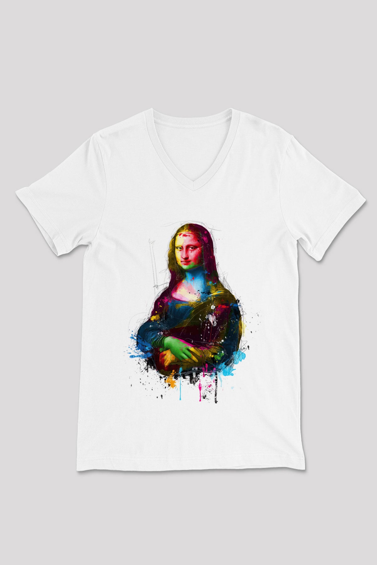Mona Lisa Beyaz Unisex V Yaka Tişört T-Shirt