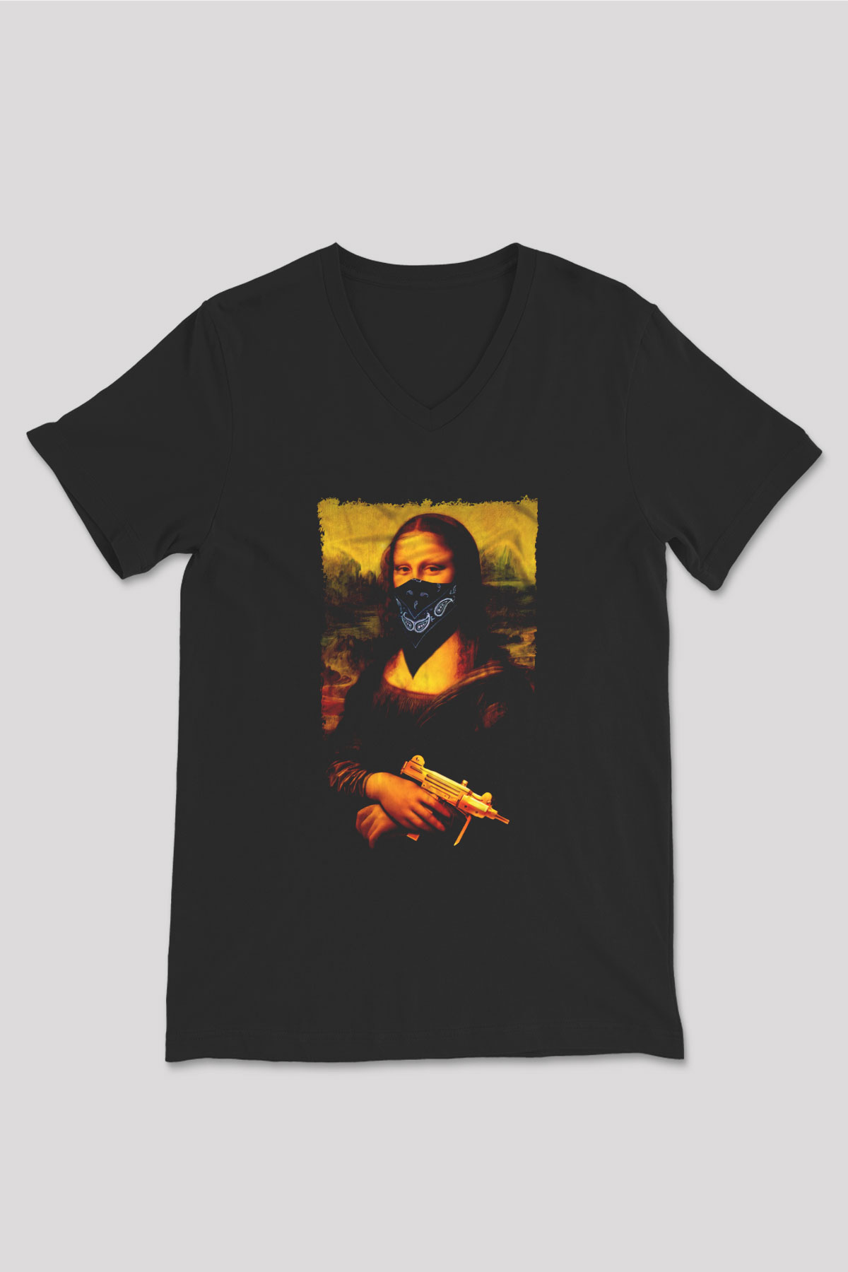 Mona Lisa Siyah Unisex V Yaka Tişört