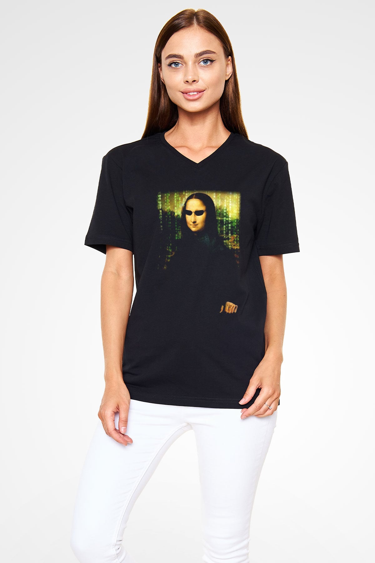 Mona Lisa Siyah Unisex V Yaka Tişört T-Shirt