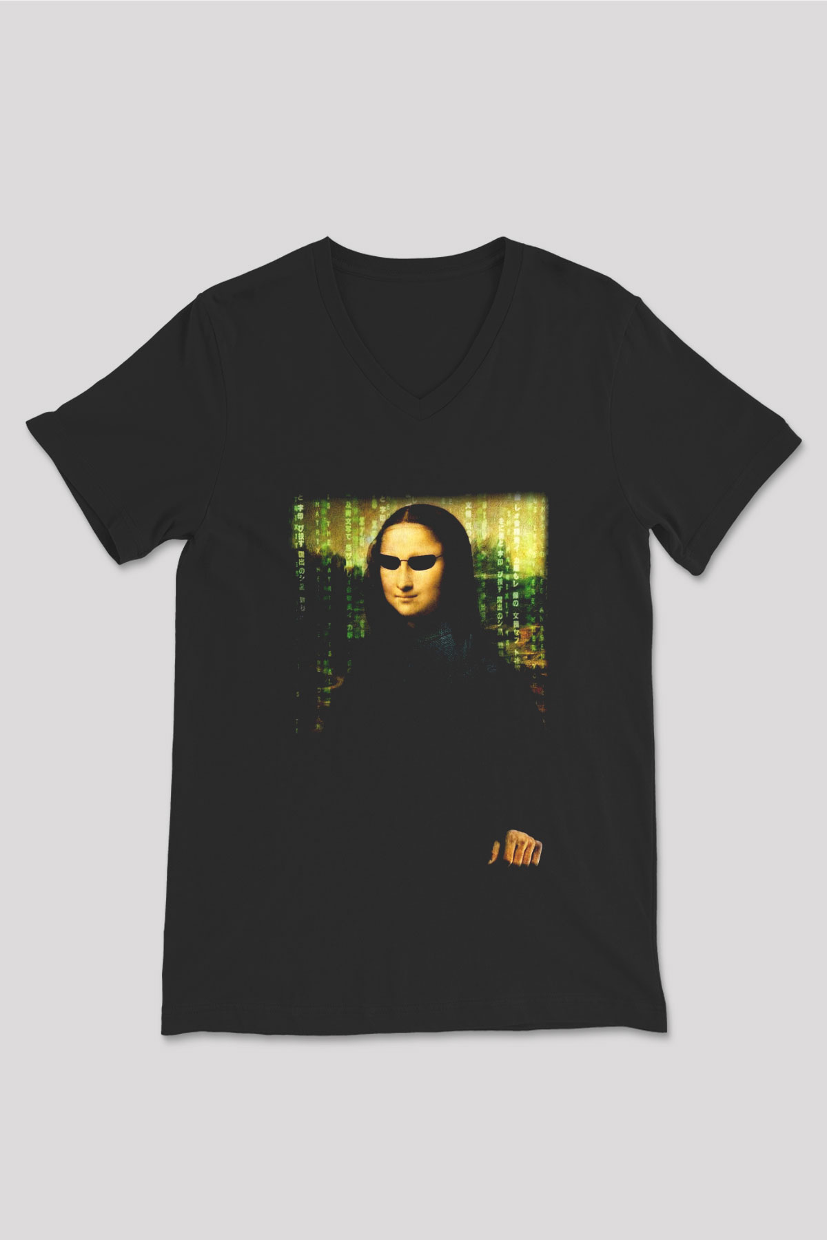 Mona Lisa Siyah Unisex V Yaka Tişört T-Shirt