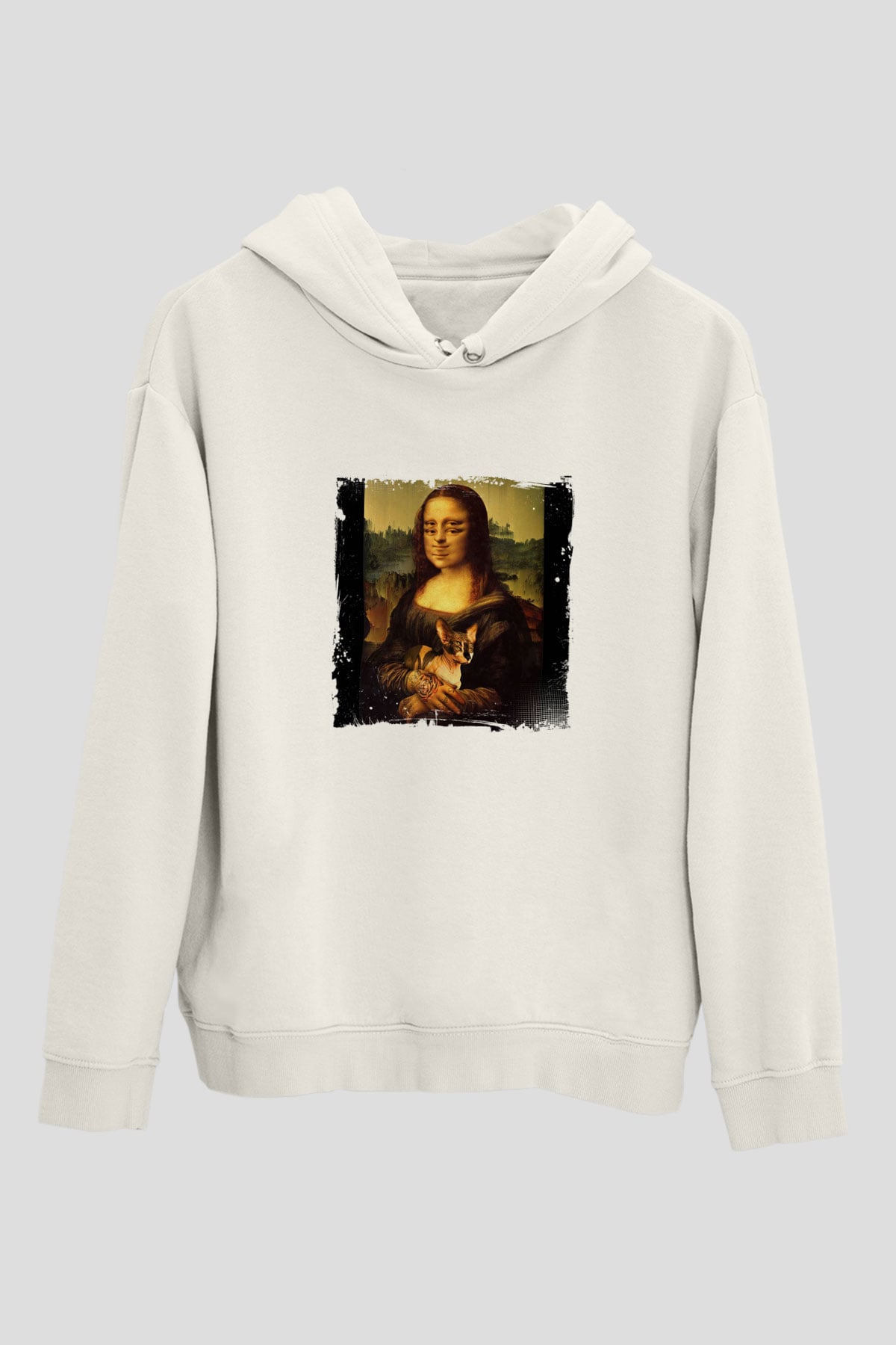 Mona Lisa Unisex Baskılı Beyaz Kapüşonlu Sweatshirt