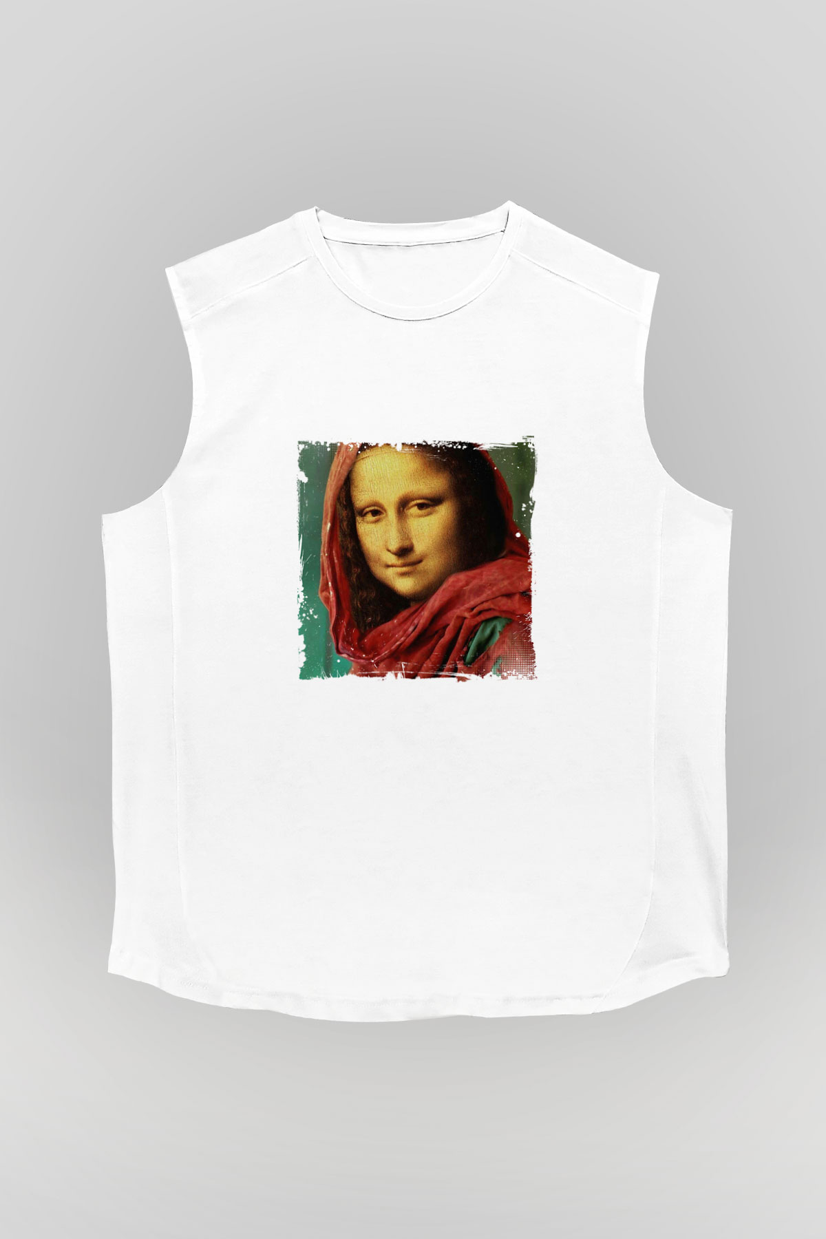 Mona Lisa Unisex Baskılı Beyaz Kolsuz Tişört