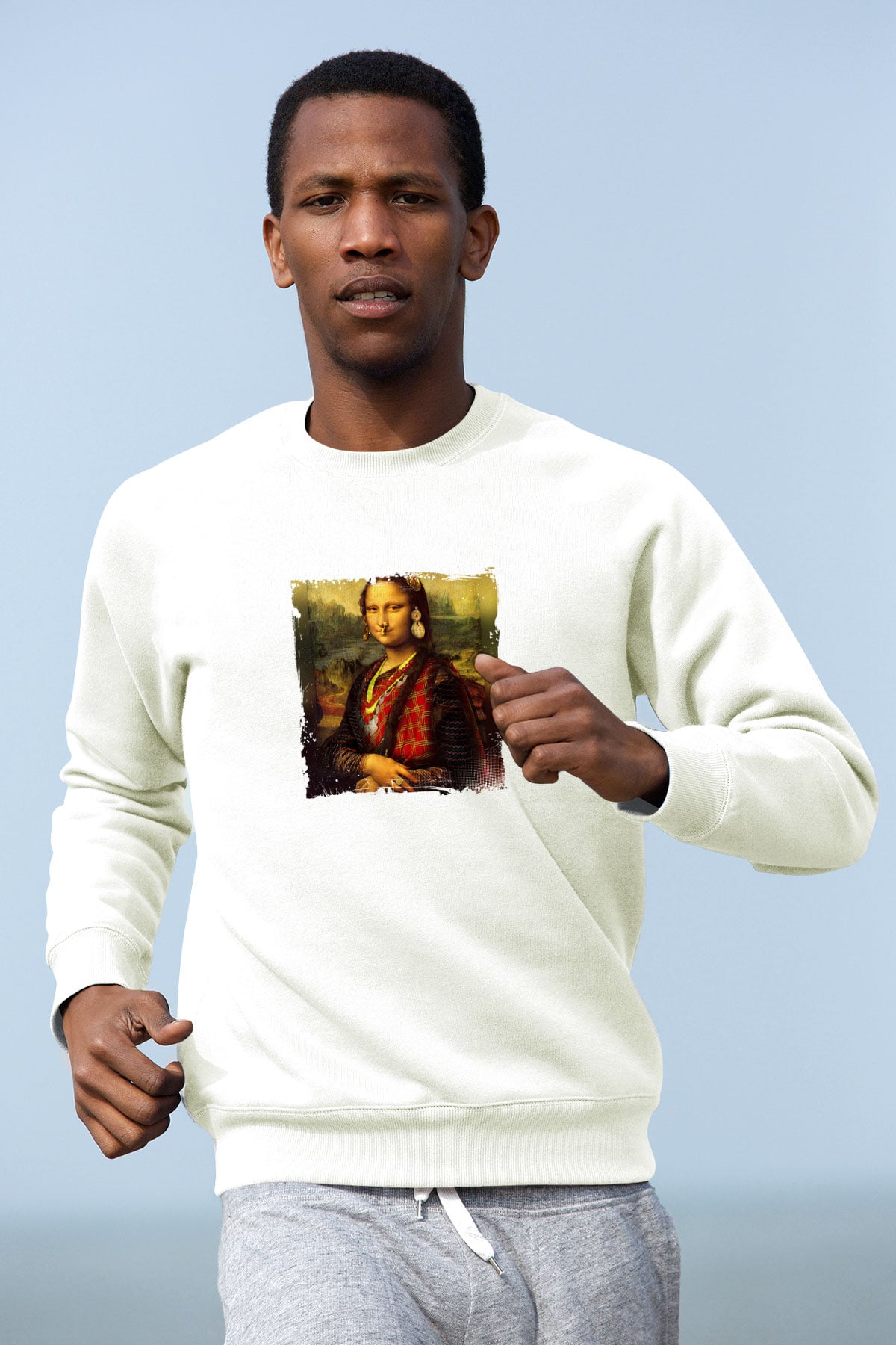 Mona Lisa Unisex Baskılı Beyaz Sweatshirt