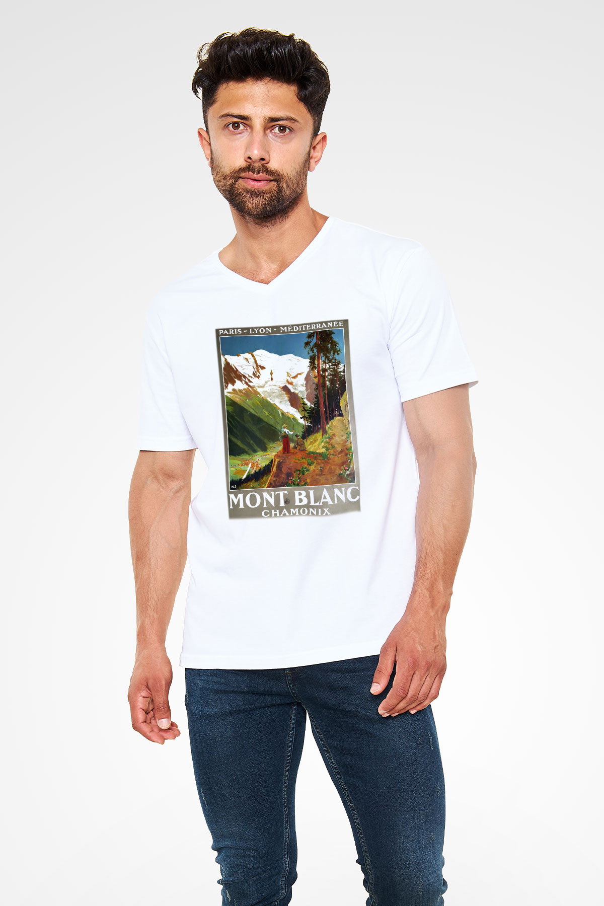 Mont Blanc Beyaz Unisex V Yaka Tişört T-Shirt