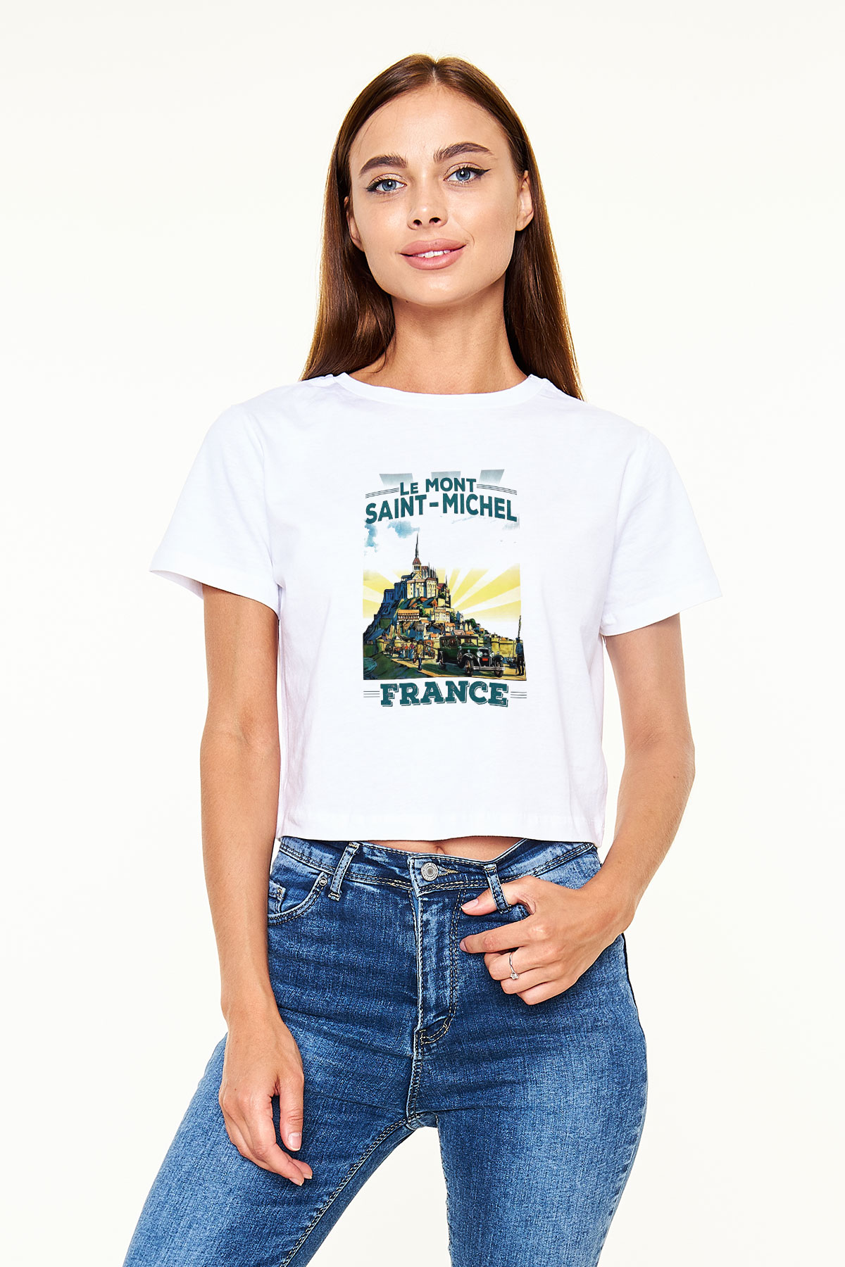 Mont Saint-Michel Beyaz Croptop Tişört