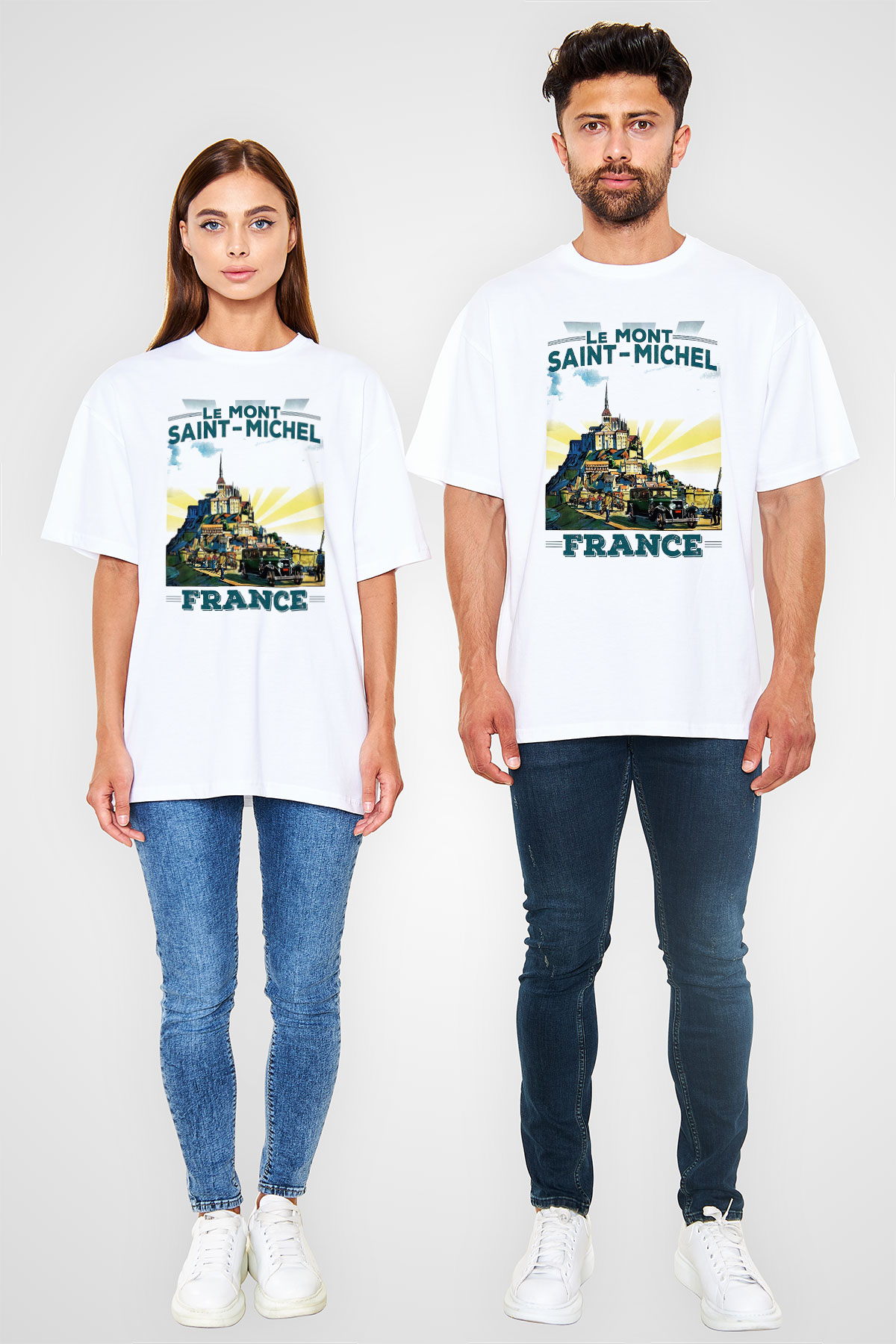 Mont Saint-Michel Beyaz Unisex Oversize Tişört T-Shirt