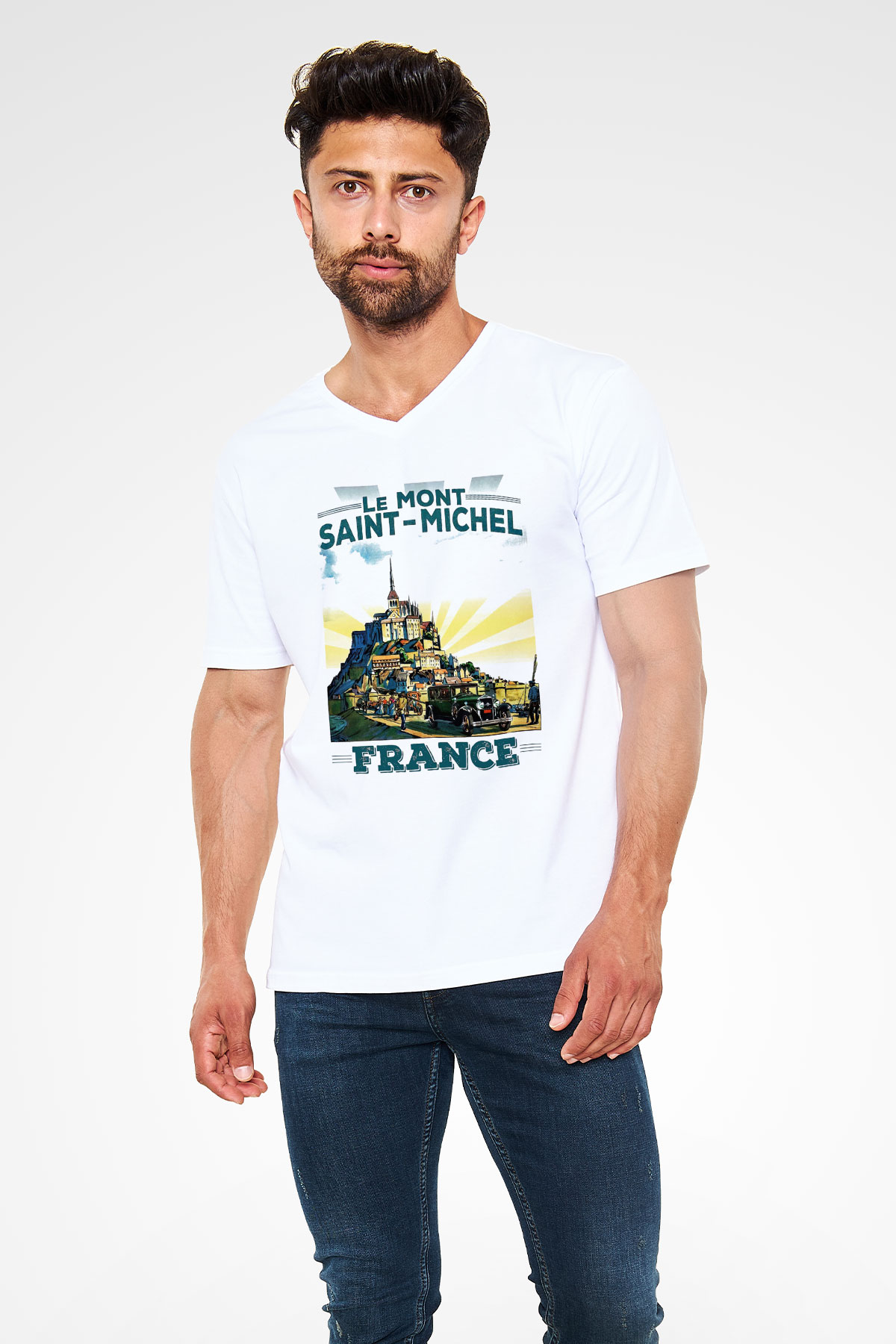 Mont Saint-Michel Beyaz Unisex V Yaka Tişört T-Shirt