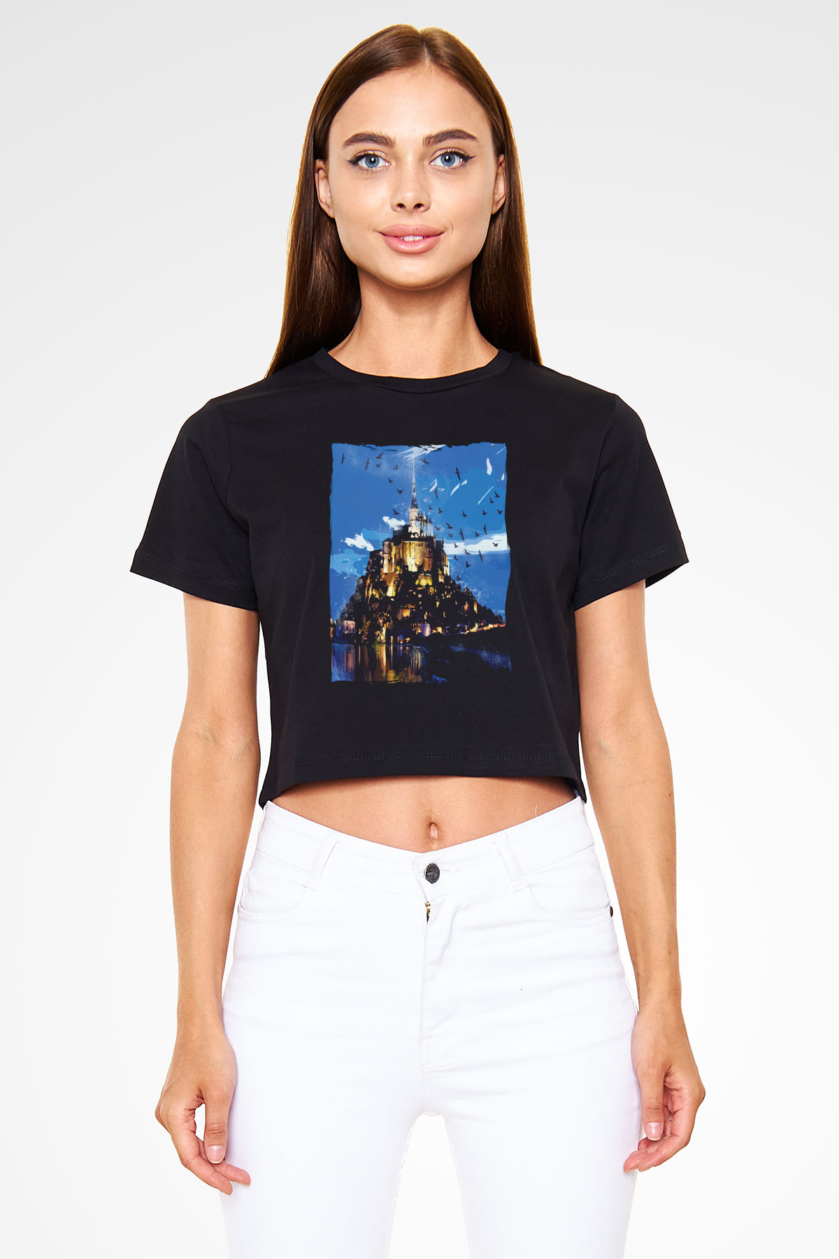 Mont Saint-Michel Siyah  Crop Top Tişört