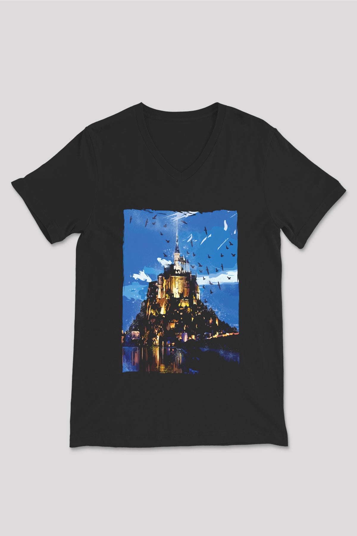 Mont Saint-Michel Siyah Unisex V Yaka Tişört