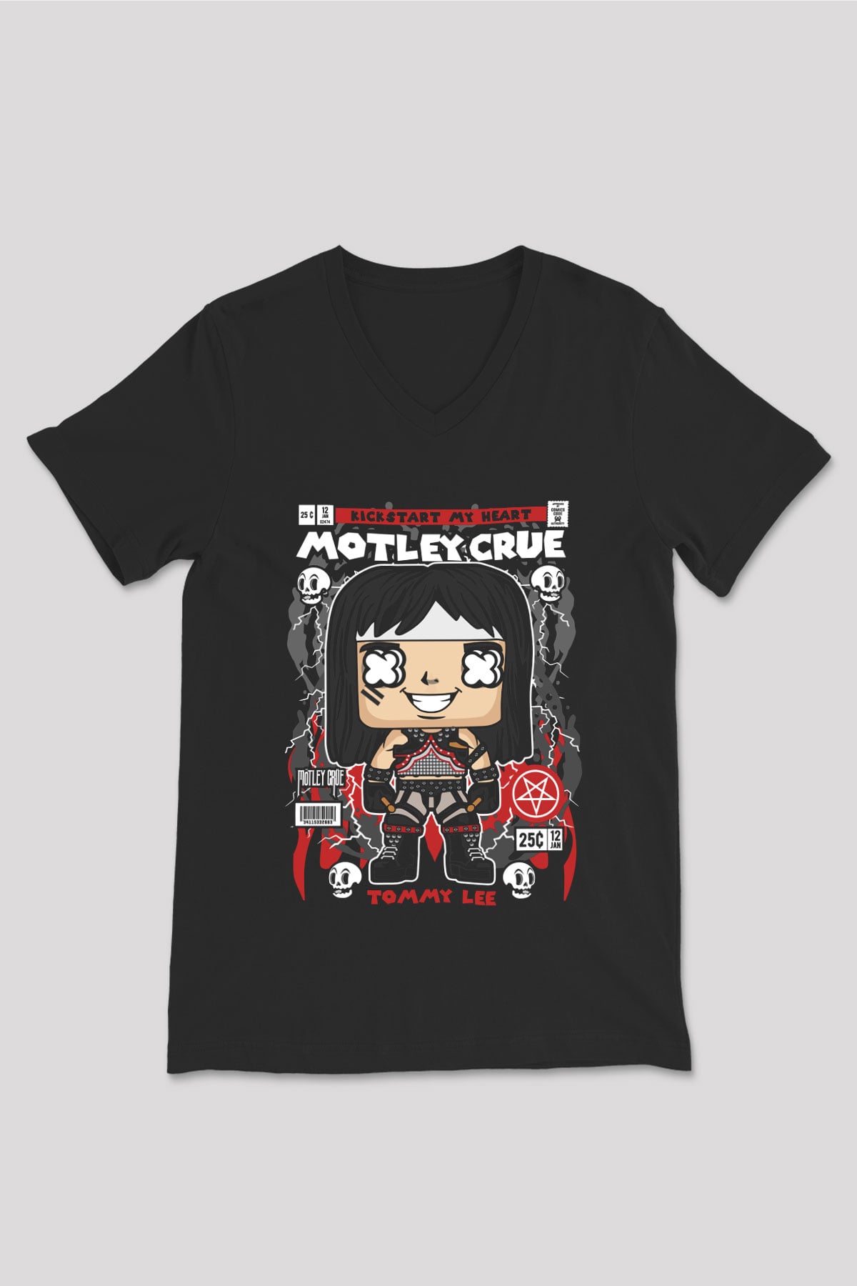 Montley Crue Baskılı Unisex Siyah V Yaka Tişört