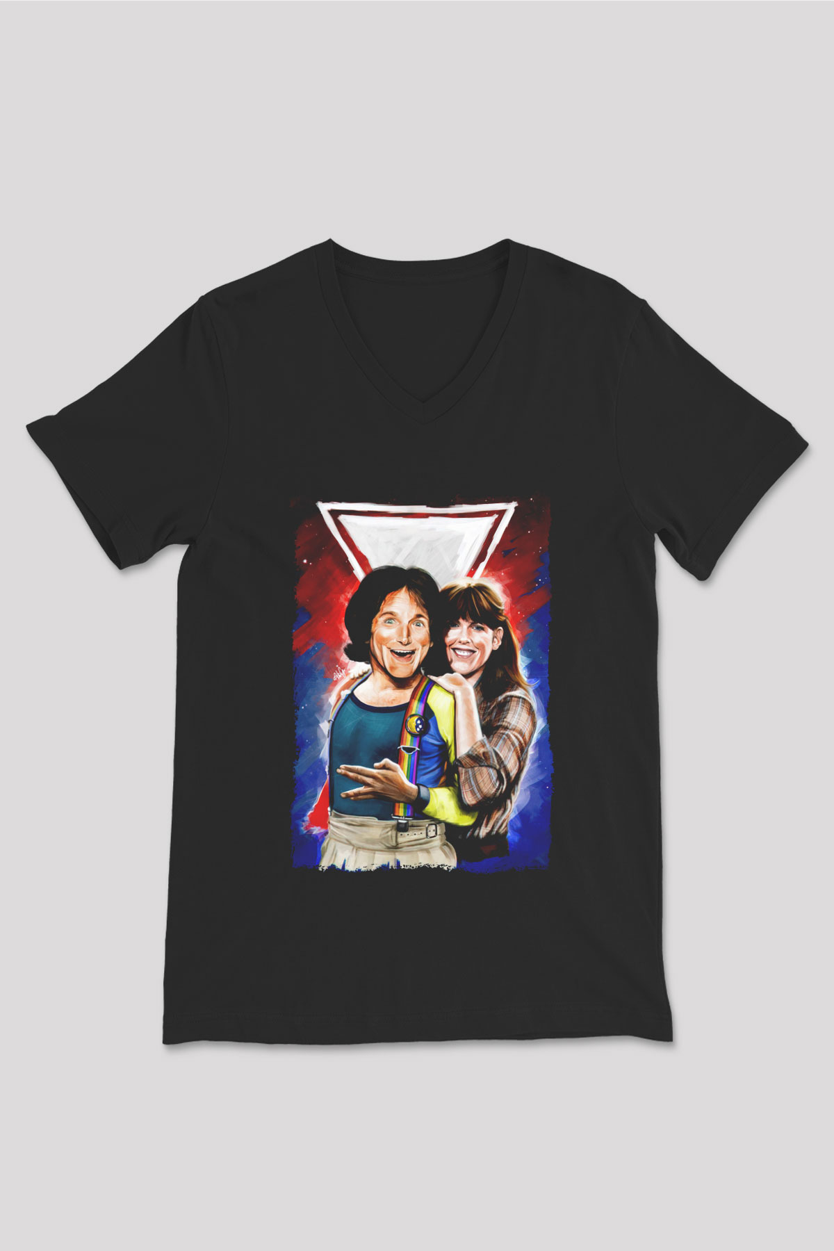 Mork and Mindy Siyah Unisex  V Yaka Tişört