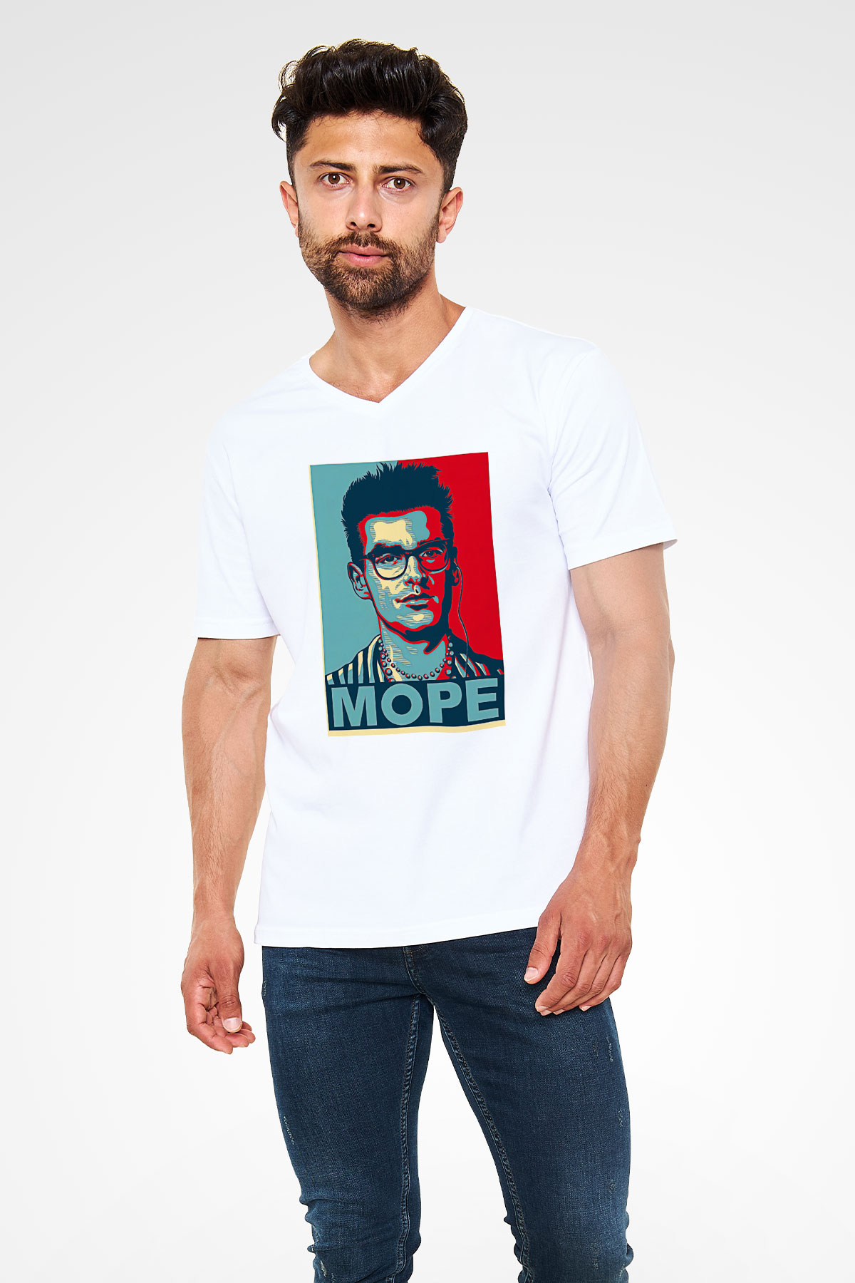 Morrissey Baskılı Beyaz Unisex V Yaka Tişört - Tshirt