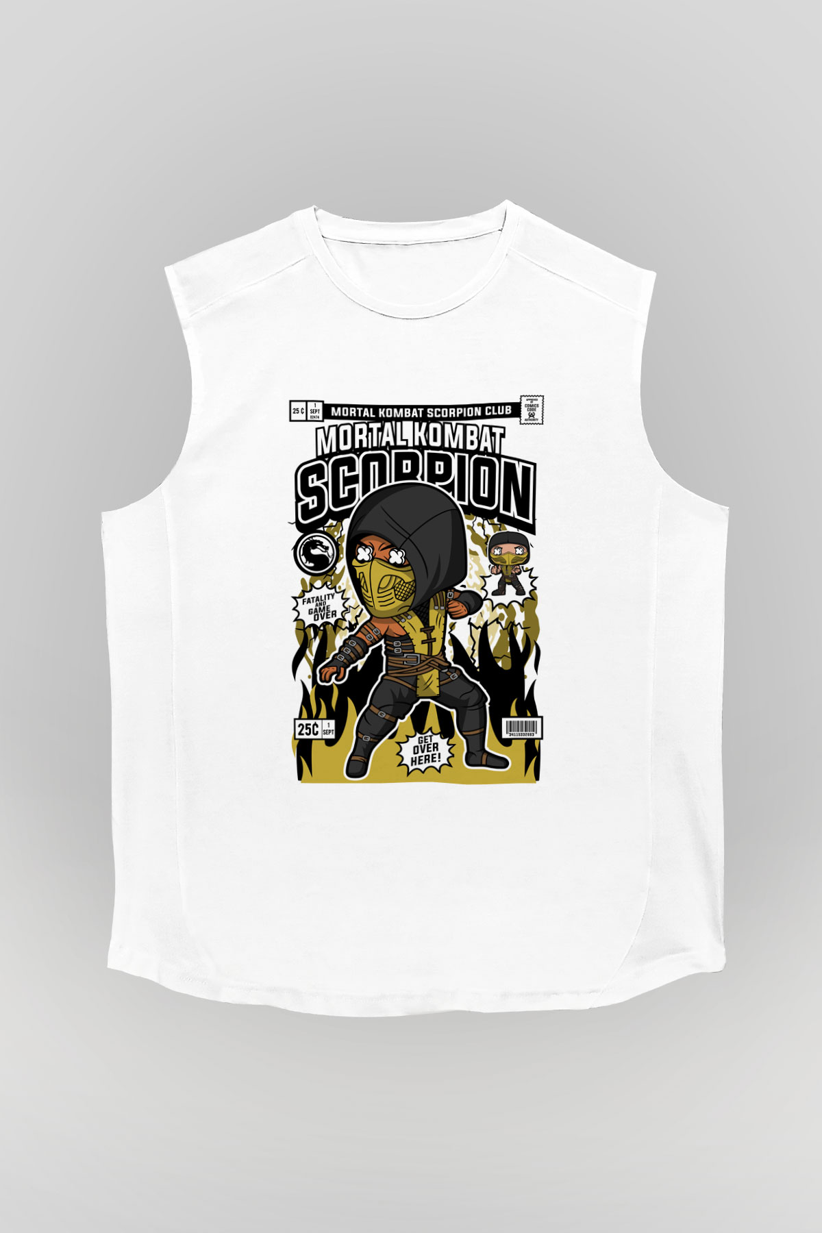 Mortal Kombat Scorpion Baskılı Unisex Beyaz Kolsuz Tişört