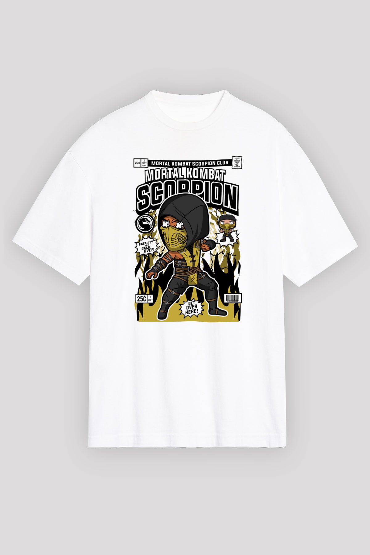Mortal Kombat Scorpion Baskılı Unisex Beyaz Oversize Tişört