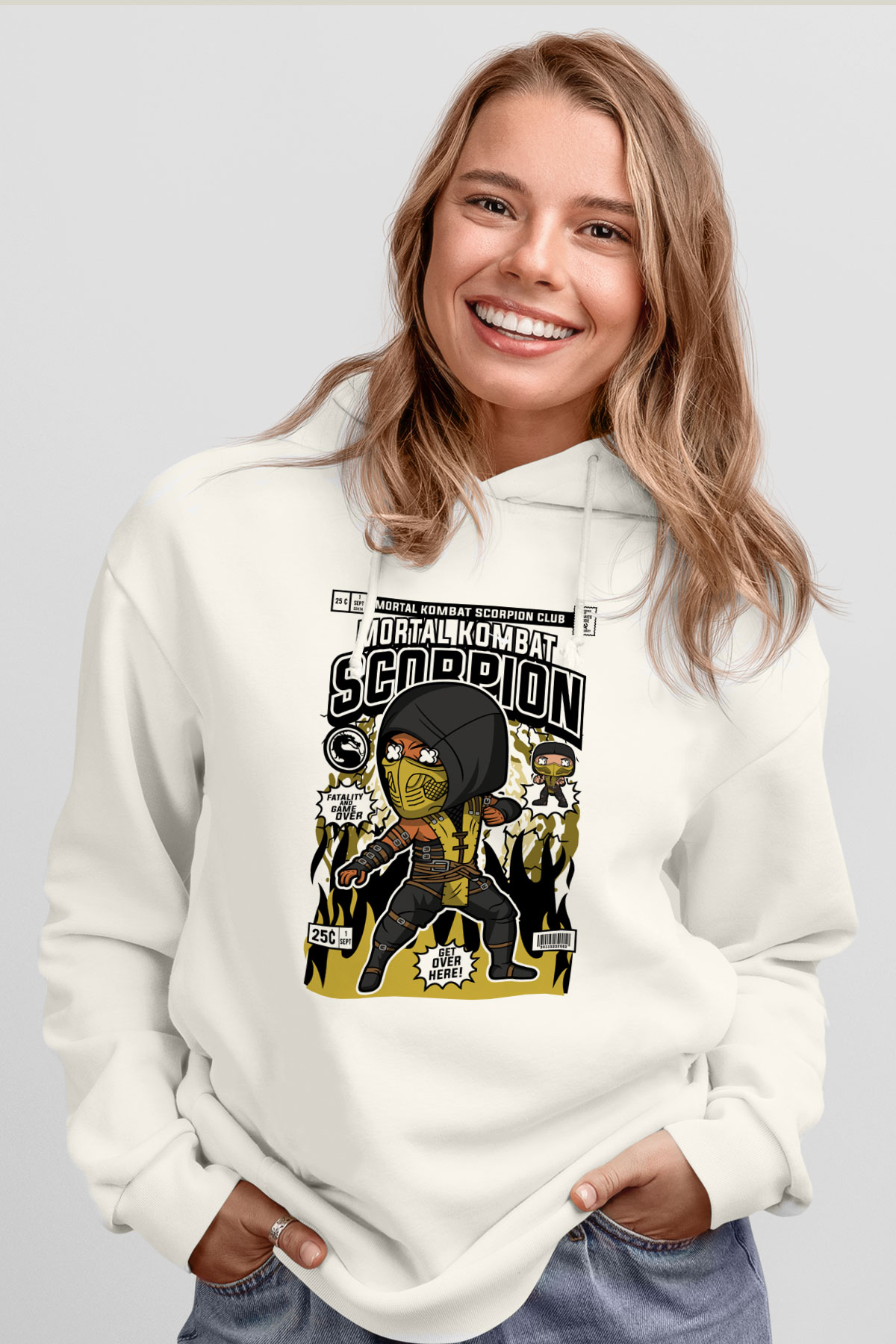 Mortal Kombat Scorpion Baskılı Unisex Beyaz Hoodie
