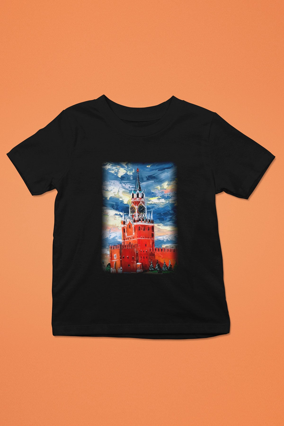 Moskova Kremlini Baskılı Siyah Unisex Çocuk Tişört