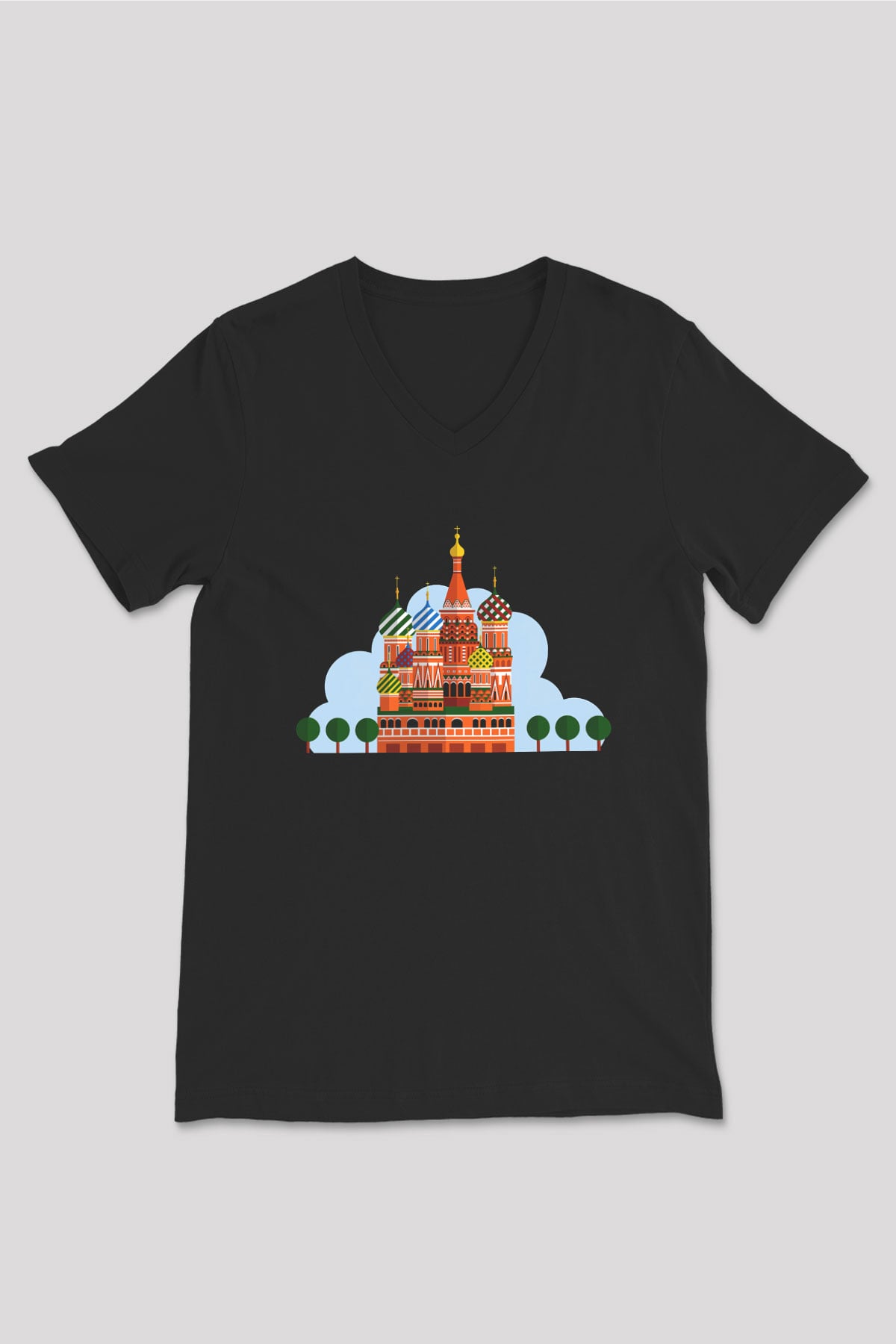 Moskova Kremlini Siyah Unisex V Yaka Tişört T-Shirt