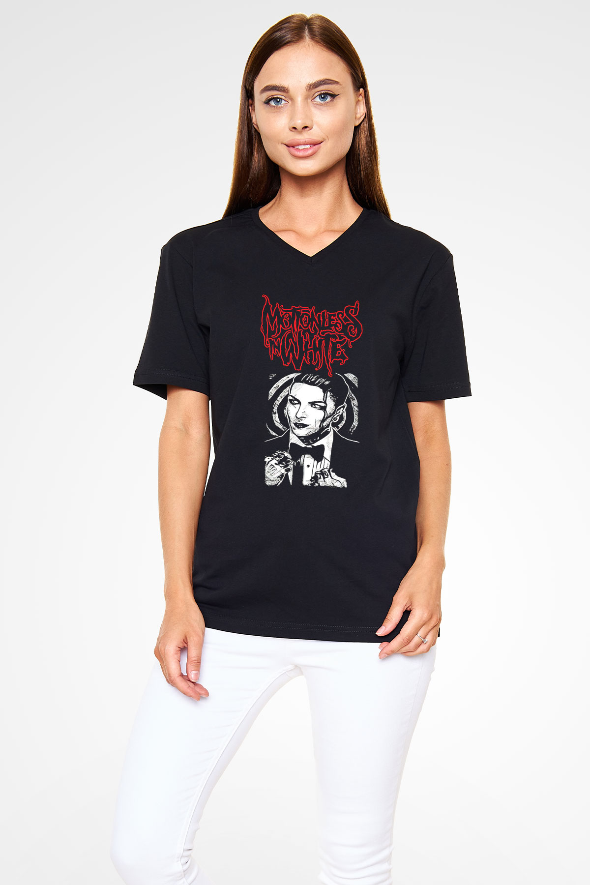 Motionless in White Baskılı Unisex Siyah V Yaka Tişört - Tshirt