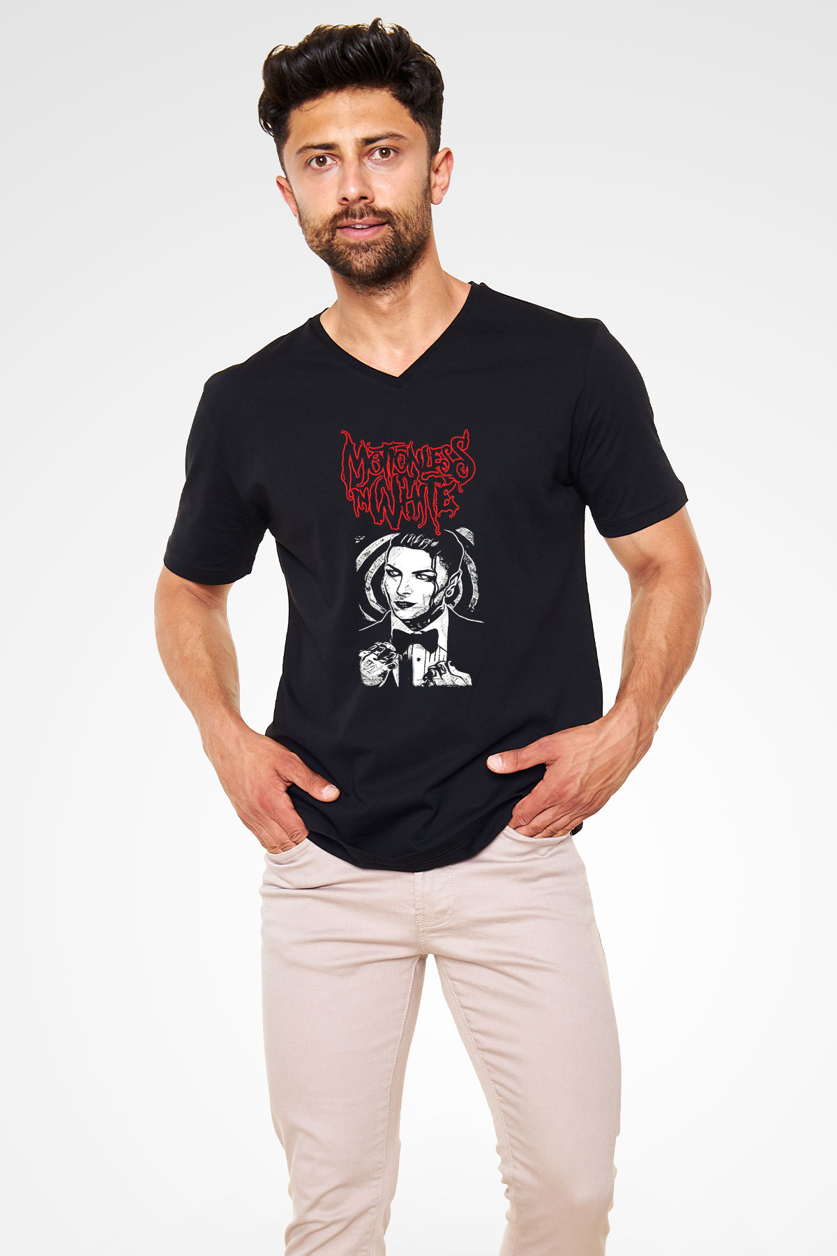 Motionless in White Baskılı Unisex Siyah V Yaka Tişört - Tshirt