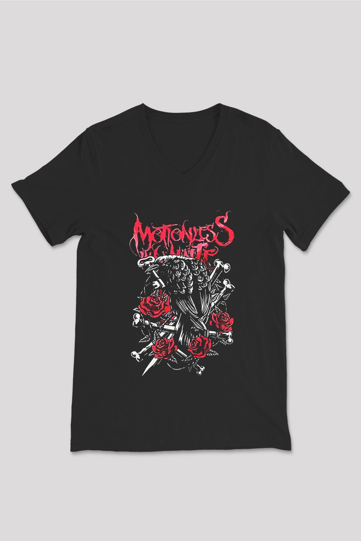 Motionless in White Baskılı Unisex Siyah V Yaka Tişört - Tshirt