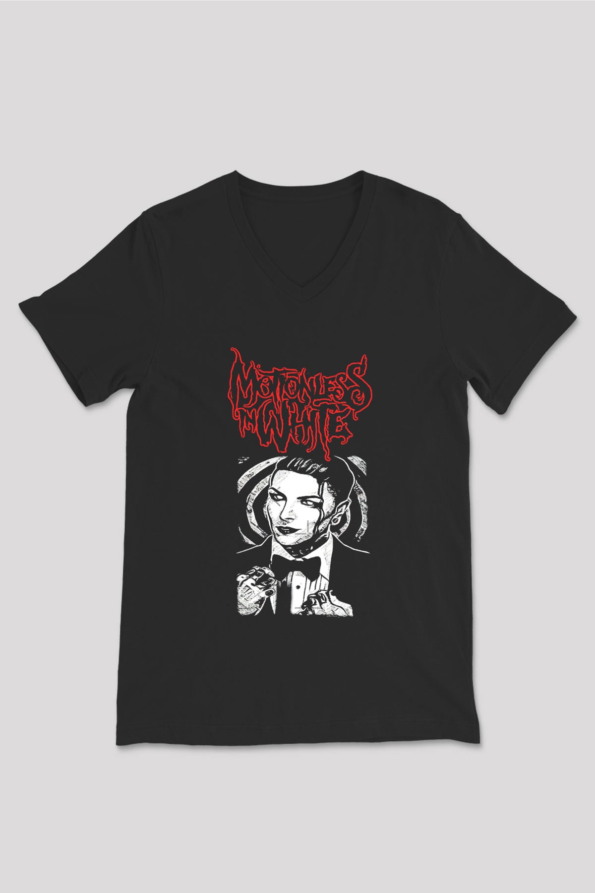 Motionless in White Baskılı Unisex Siyah V Yaka Tişört - Tshirt