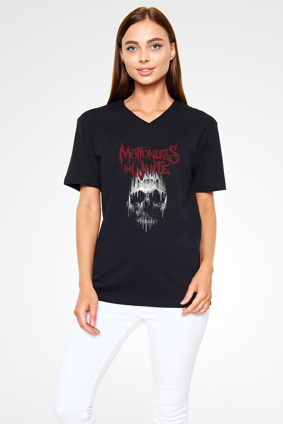 Motionless in White Baskılı Unisex Siyah V Yaka Tişört - Tshirt