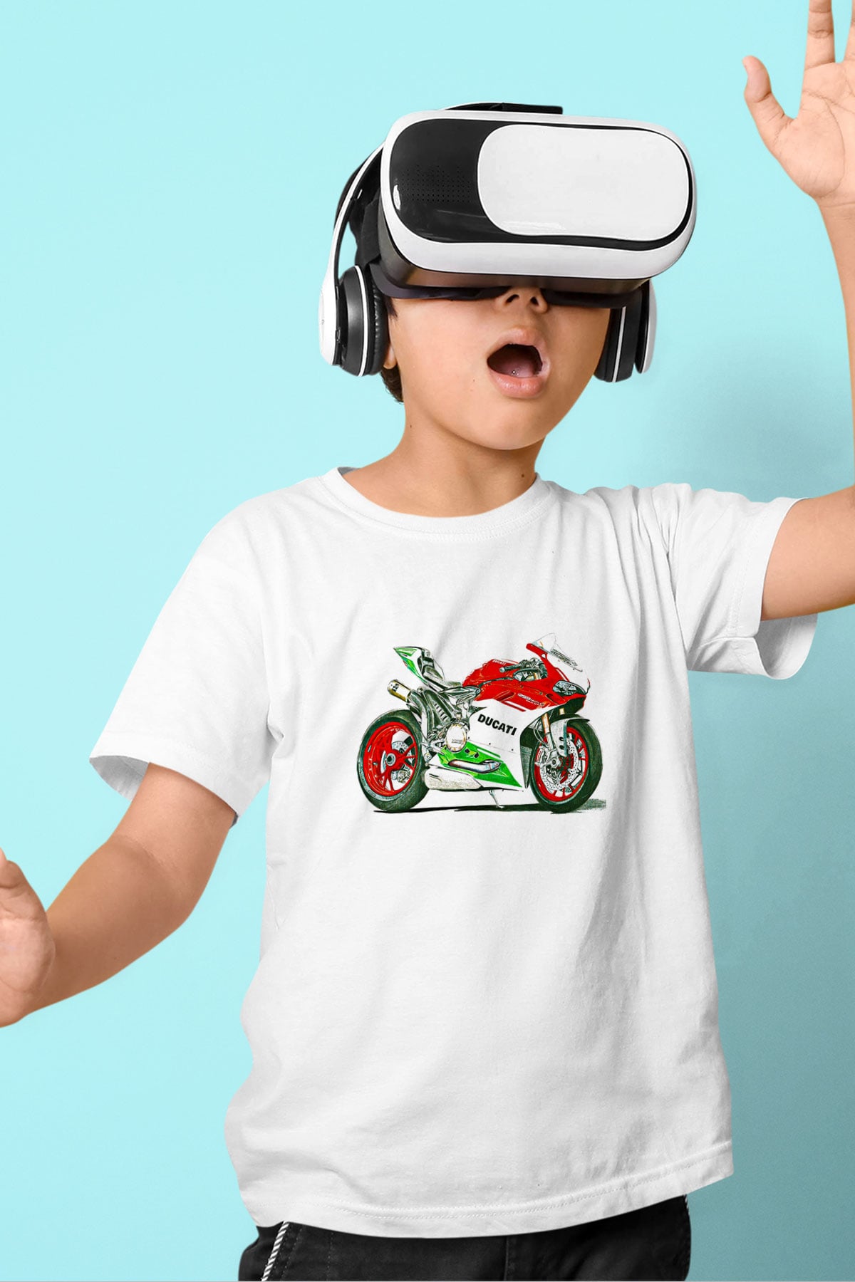 Motor Sporları Baskılı Unisex Beyaz Çocuk Tişört - Tshirt