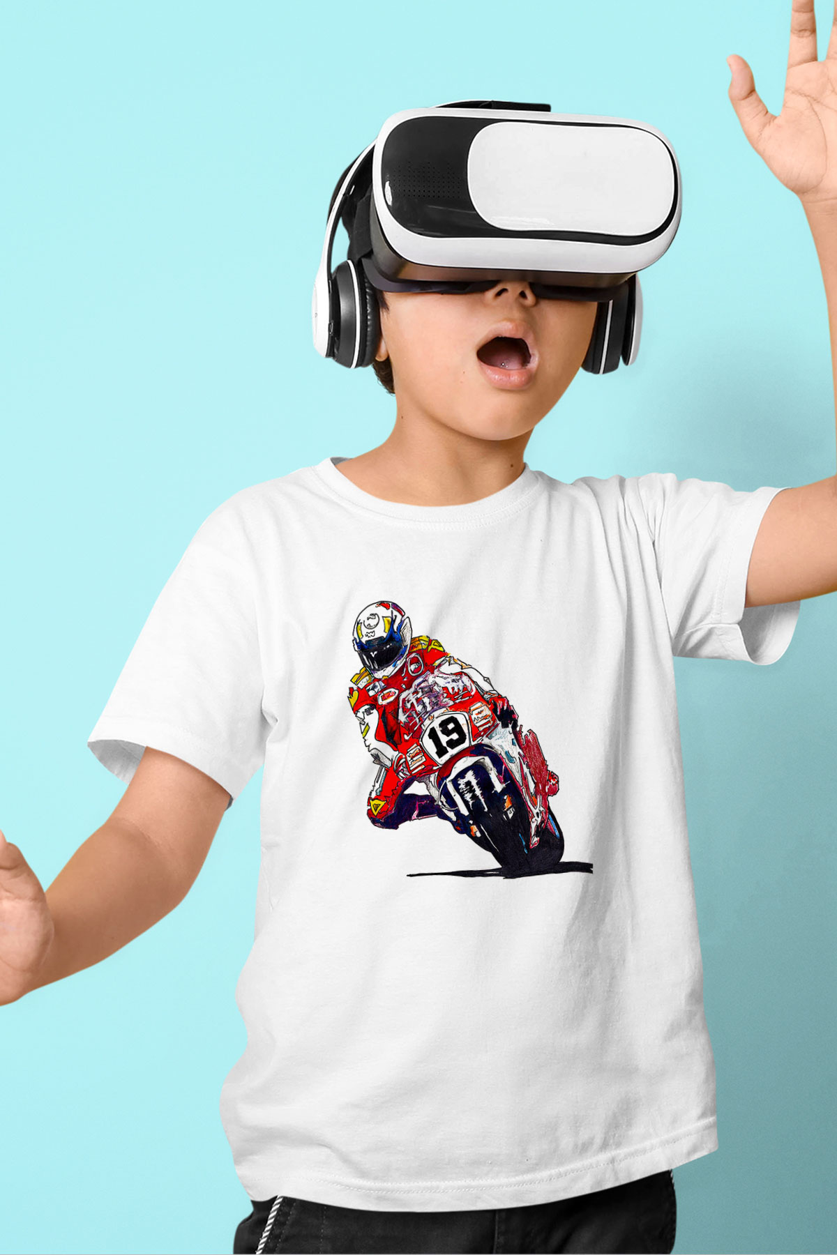 Motor Sporları Baskılı Unisex Beyaz Çocuk Tişört - Tshirt