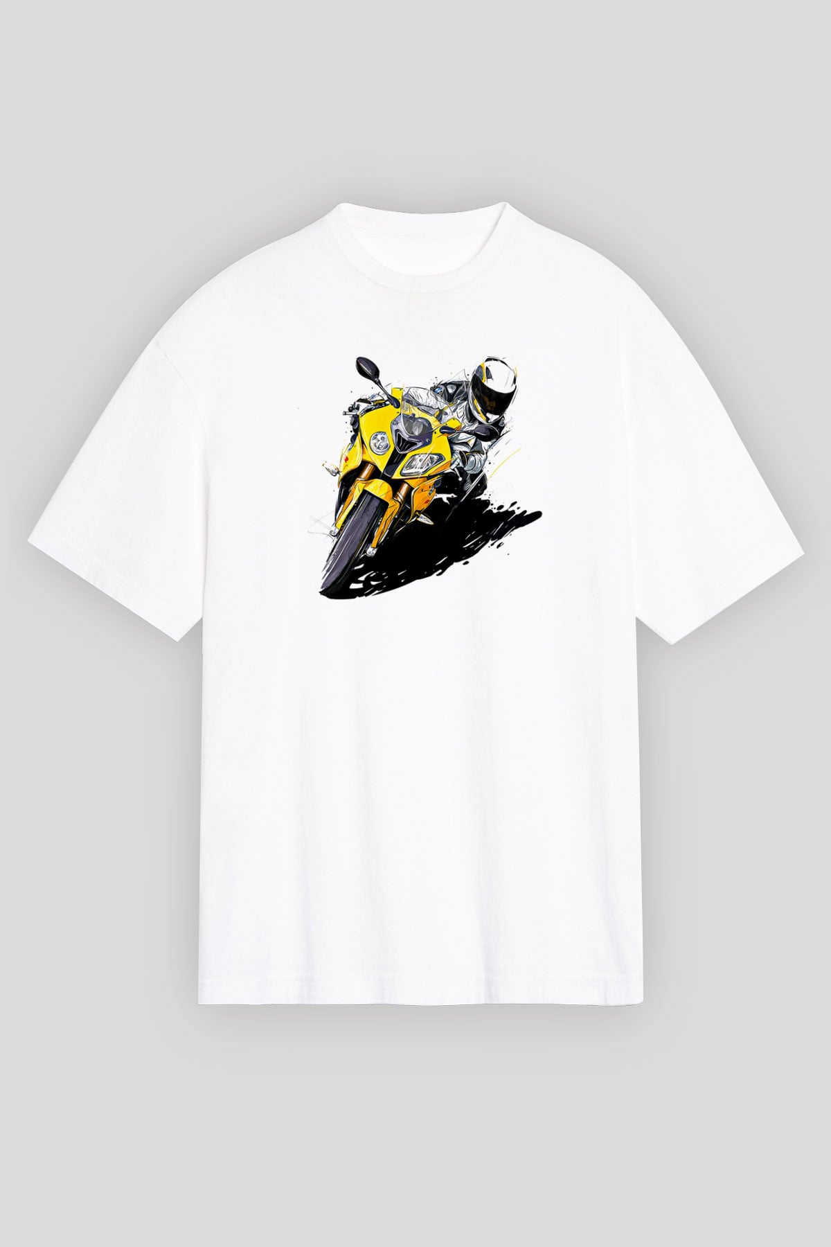 Motor Sporları Baskılı Unisex Beyaz Oversize Tişört - Tshirt